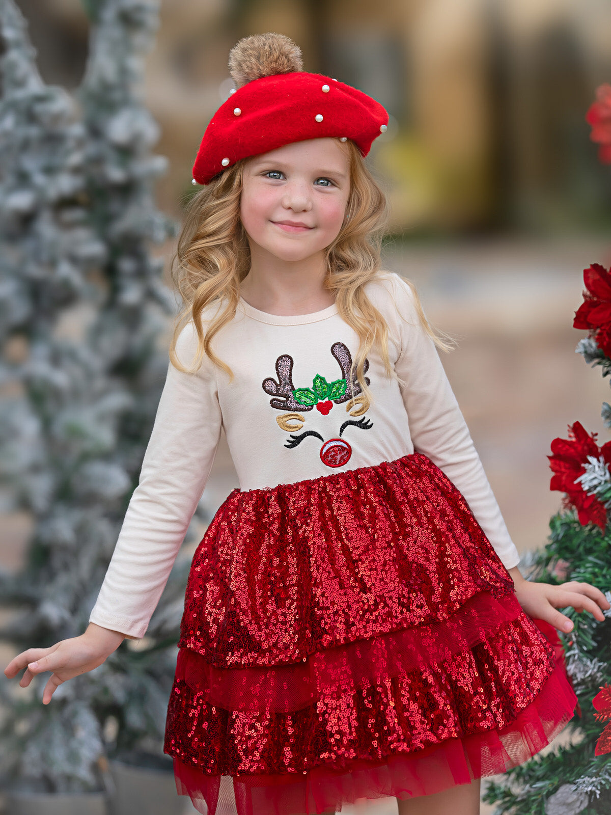 Sparkling Reindeer Sequin Long Sleeve Tutu Dress