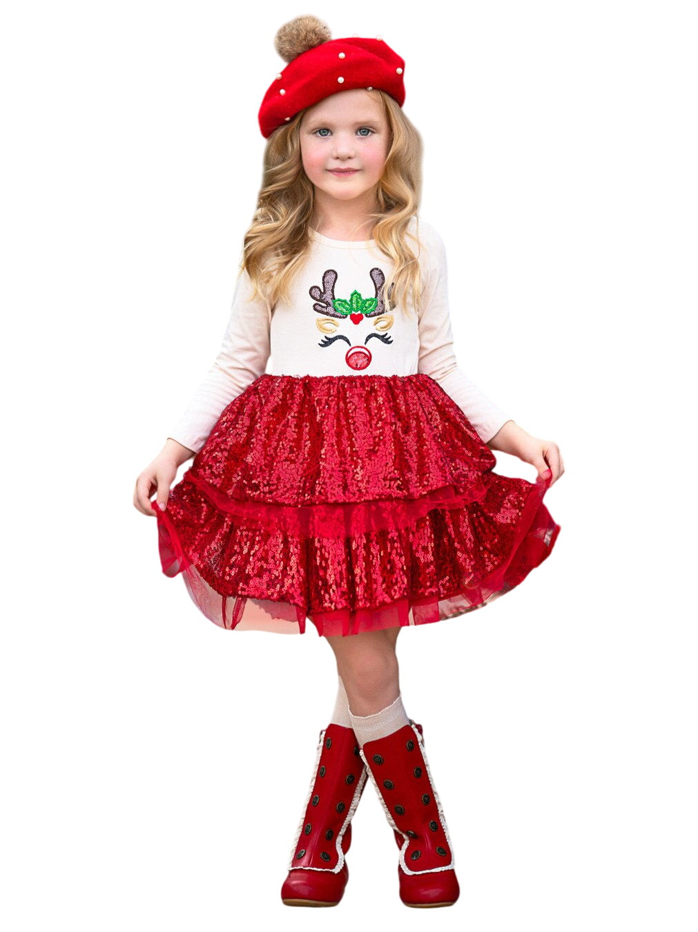 Sparkling Reindeer Sequin Long Sleeve Tutu Dress