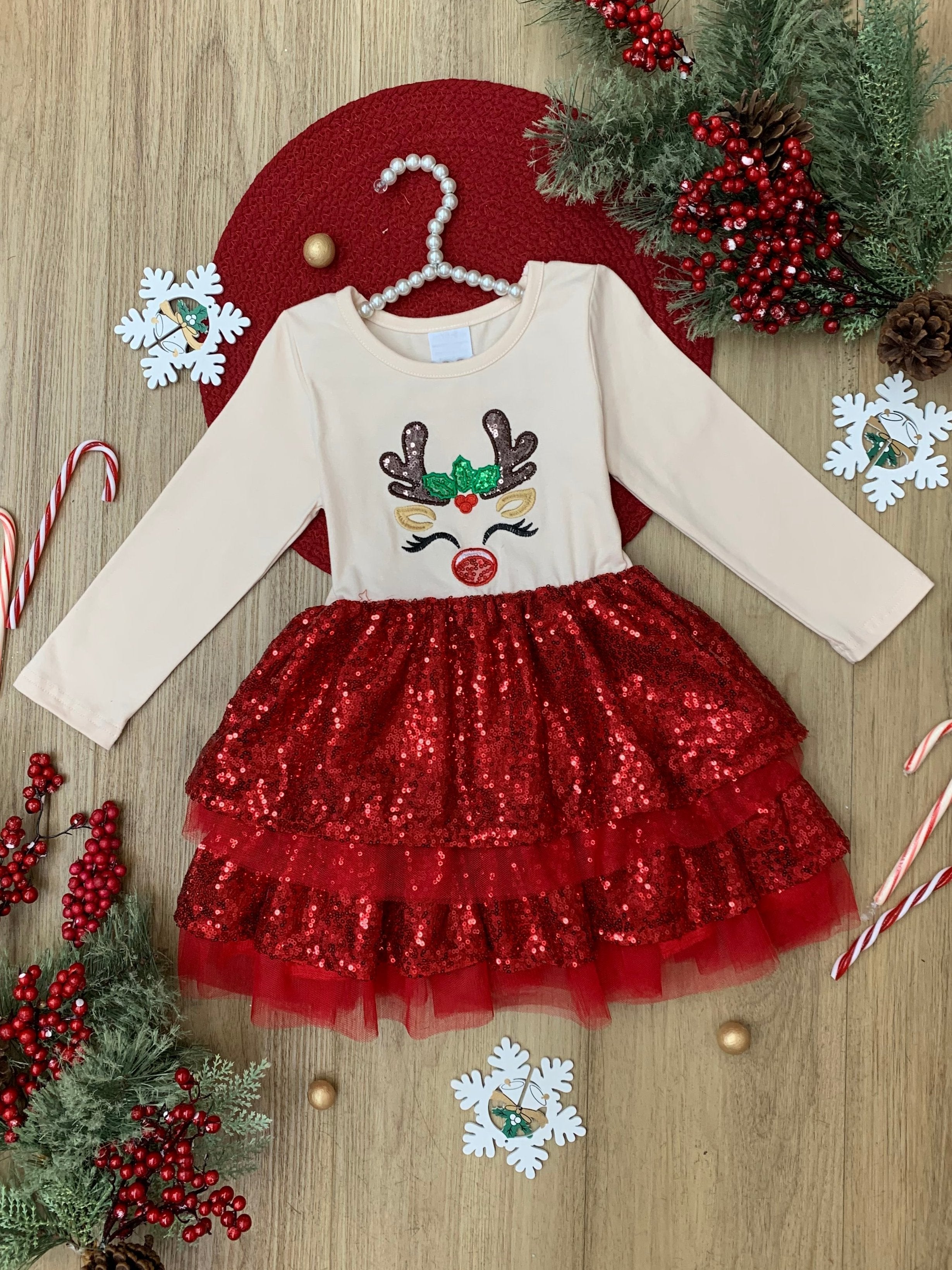 Sparkling Reindeer Sequin Long Sleeve Tutu Dress