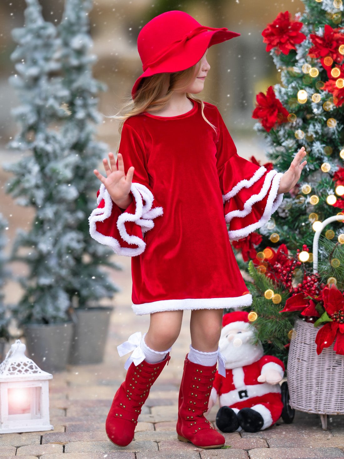 Velvet Santa Bell Sleeve With Faux Fur Dress