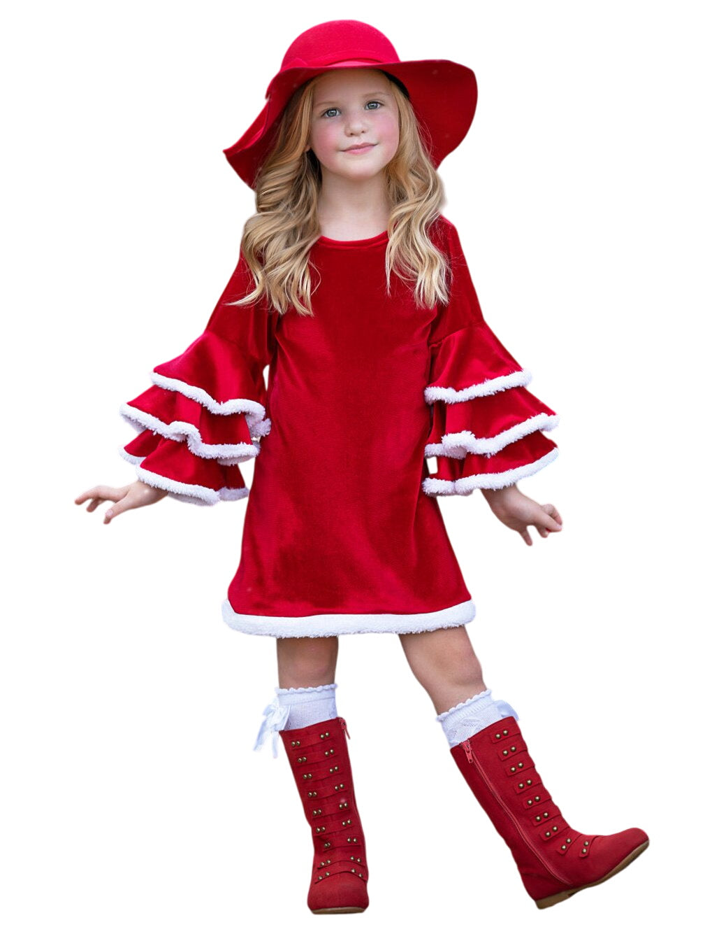 Velvet Santa Bell Sleeve With Faux Fur Dress