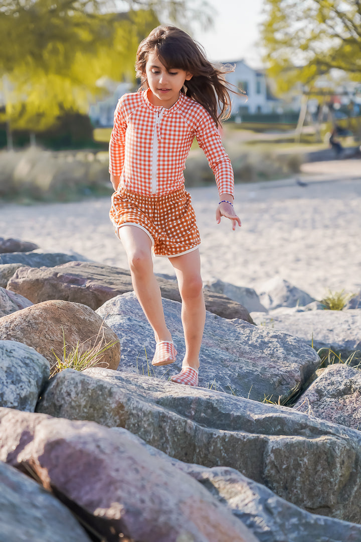 Long Sleeve Rashguard Ruffle Swimsuit | Upf + Recycled - Sienna Gingham