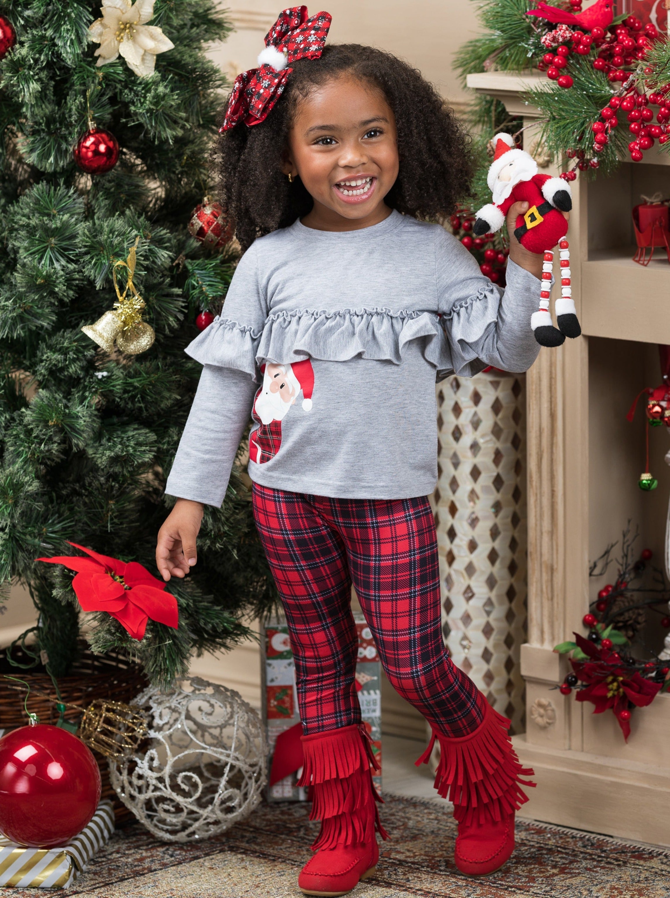 Peekaboo! Santa Is Here! Top And Plaid Legging Set