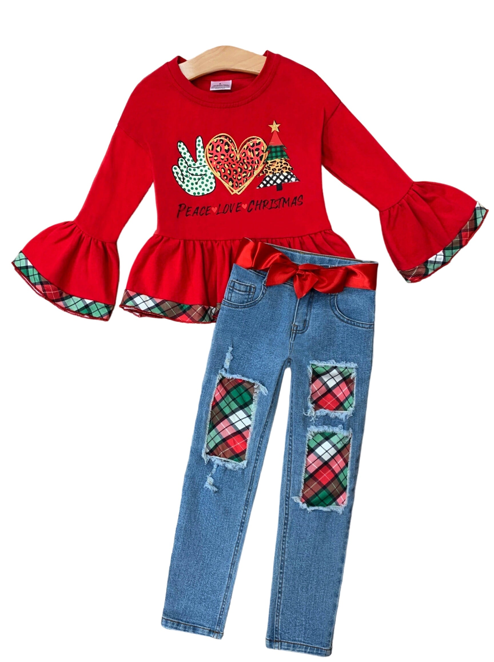 Peace, Love, Christmas Patched Jean Set