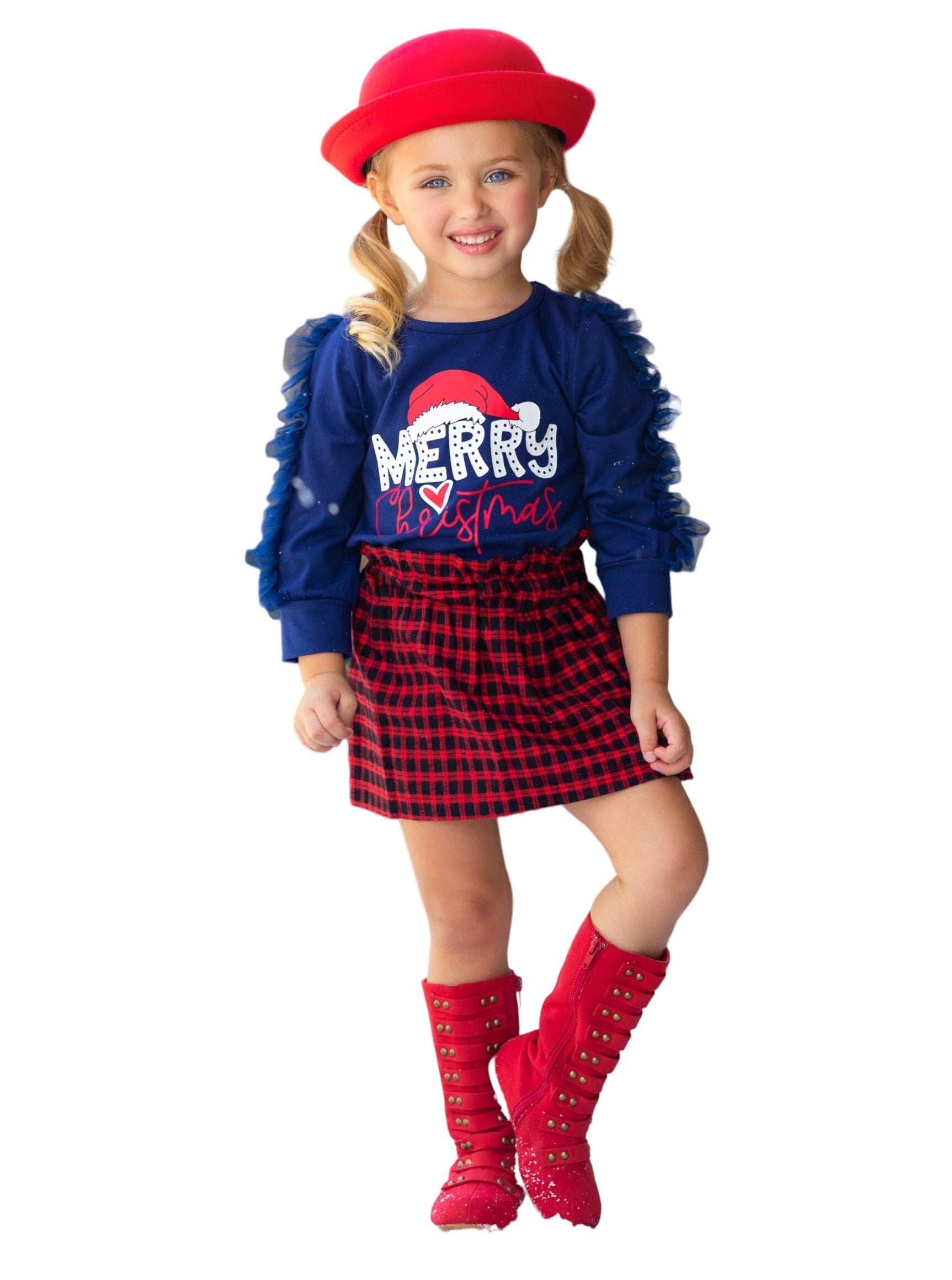 Magical Time Merry Christmas Top And Checkered Skirt Set