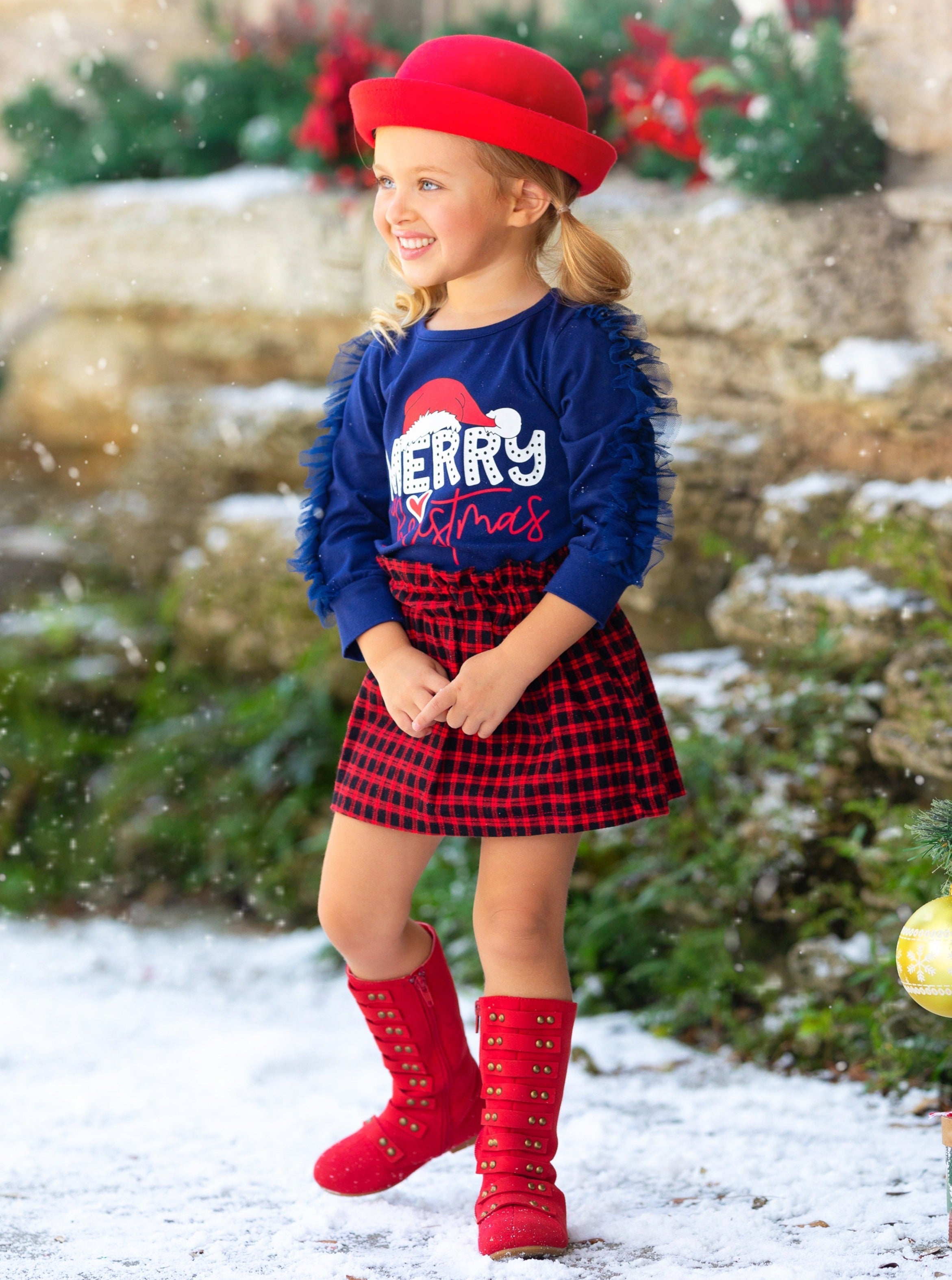 Magical Time Merry Christmas Top And Checkered Skirt Set