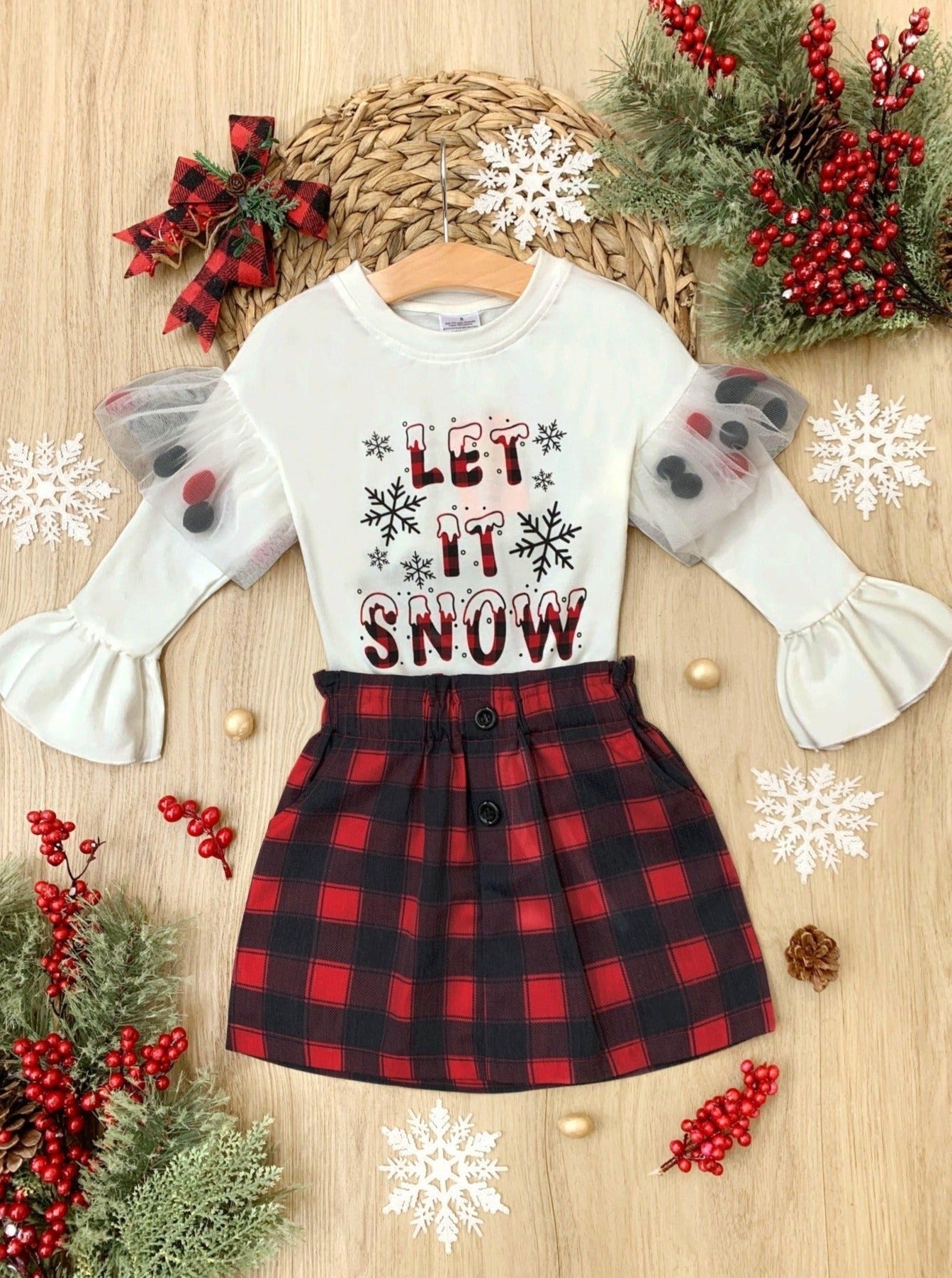 Let It Snow Pom Pom Plaid Skirt Set