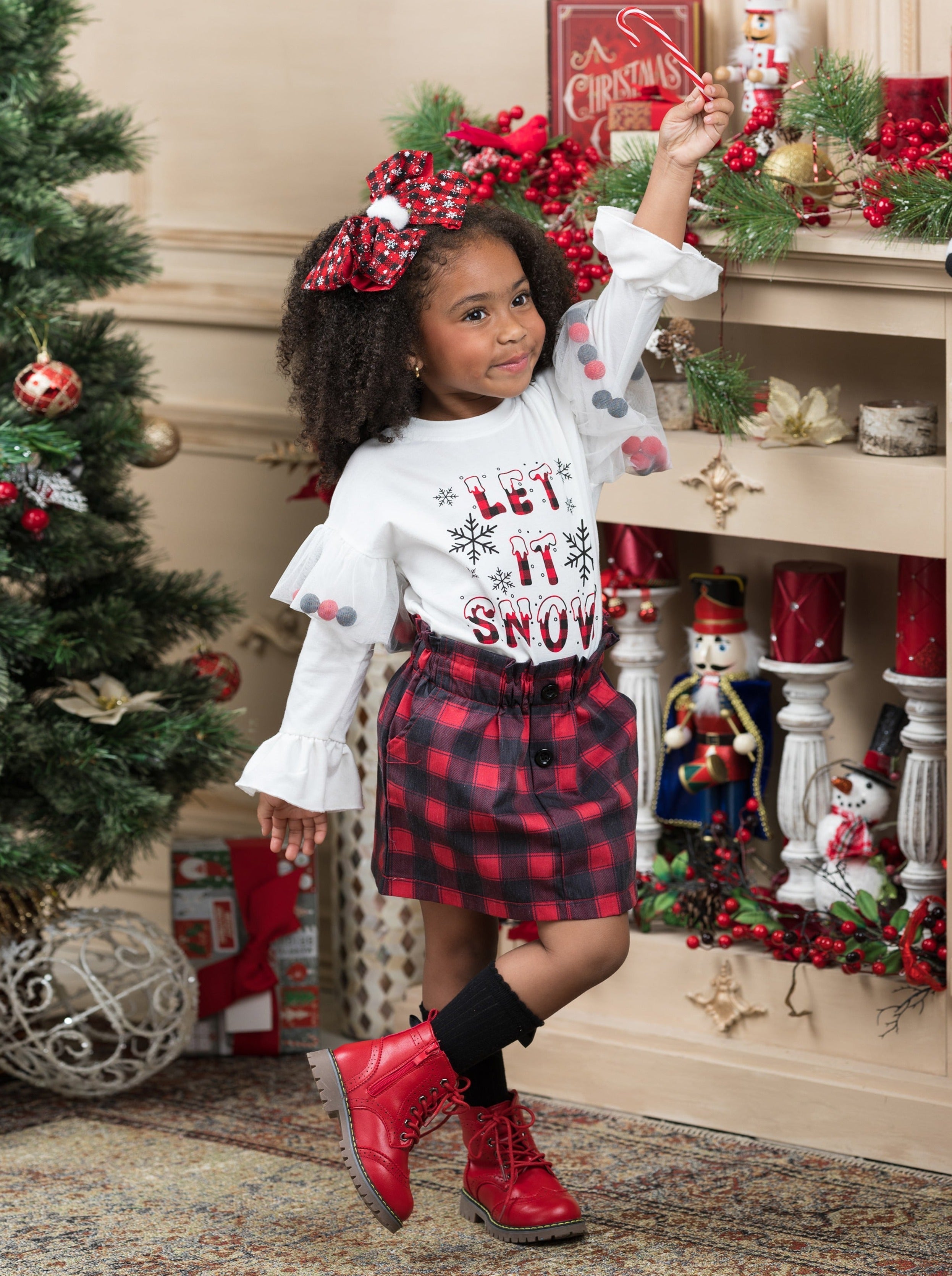 Let It Snow Pom Pom Plaid Skirt Set