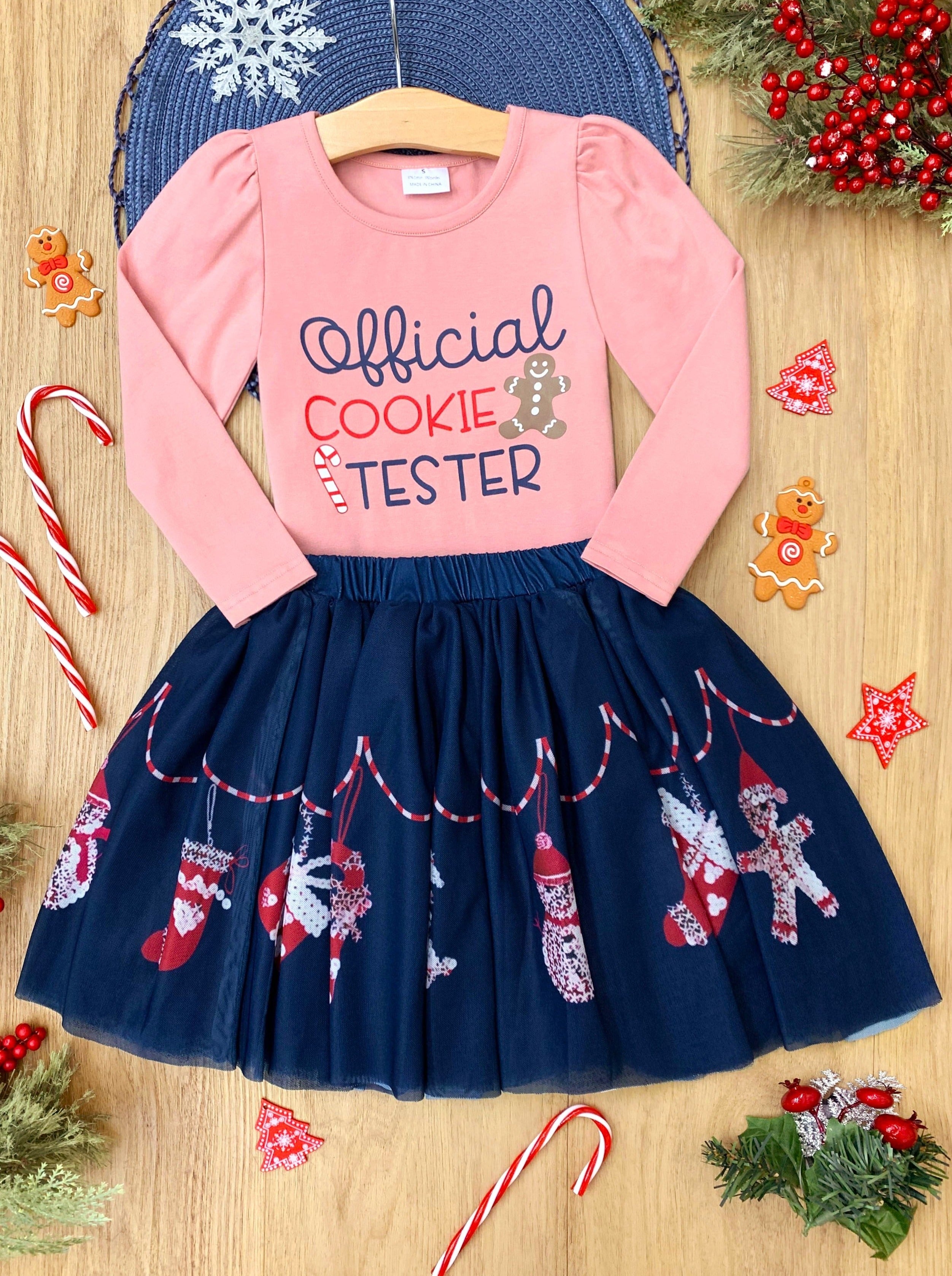 Cutest Cookie Ruffle Top And Christmas Print Skirt Set