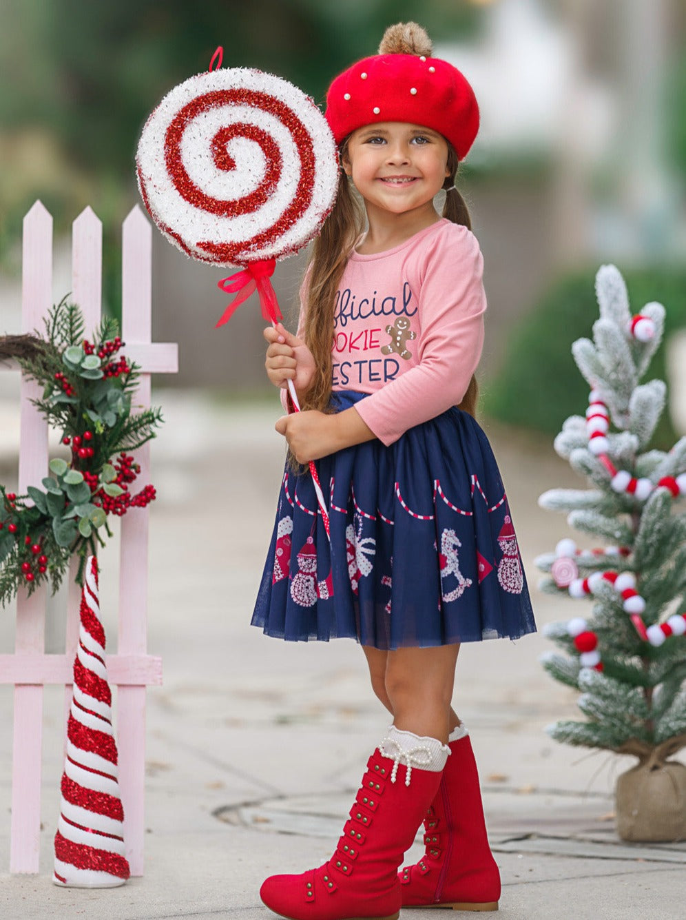 Cutest Cookie Ruffle Top And Christmas Print Skirt Set