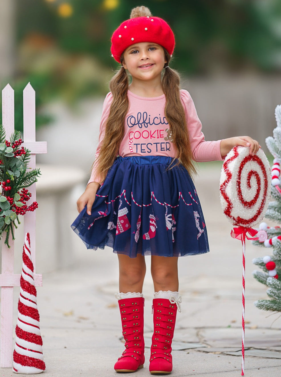 Cutest Cookie Ruffle Top And Christmas Print Skirt Set