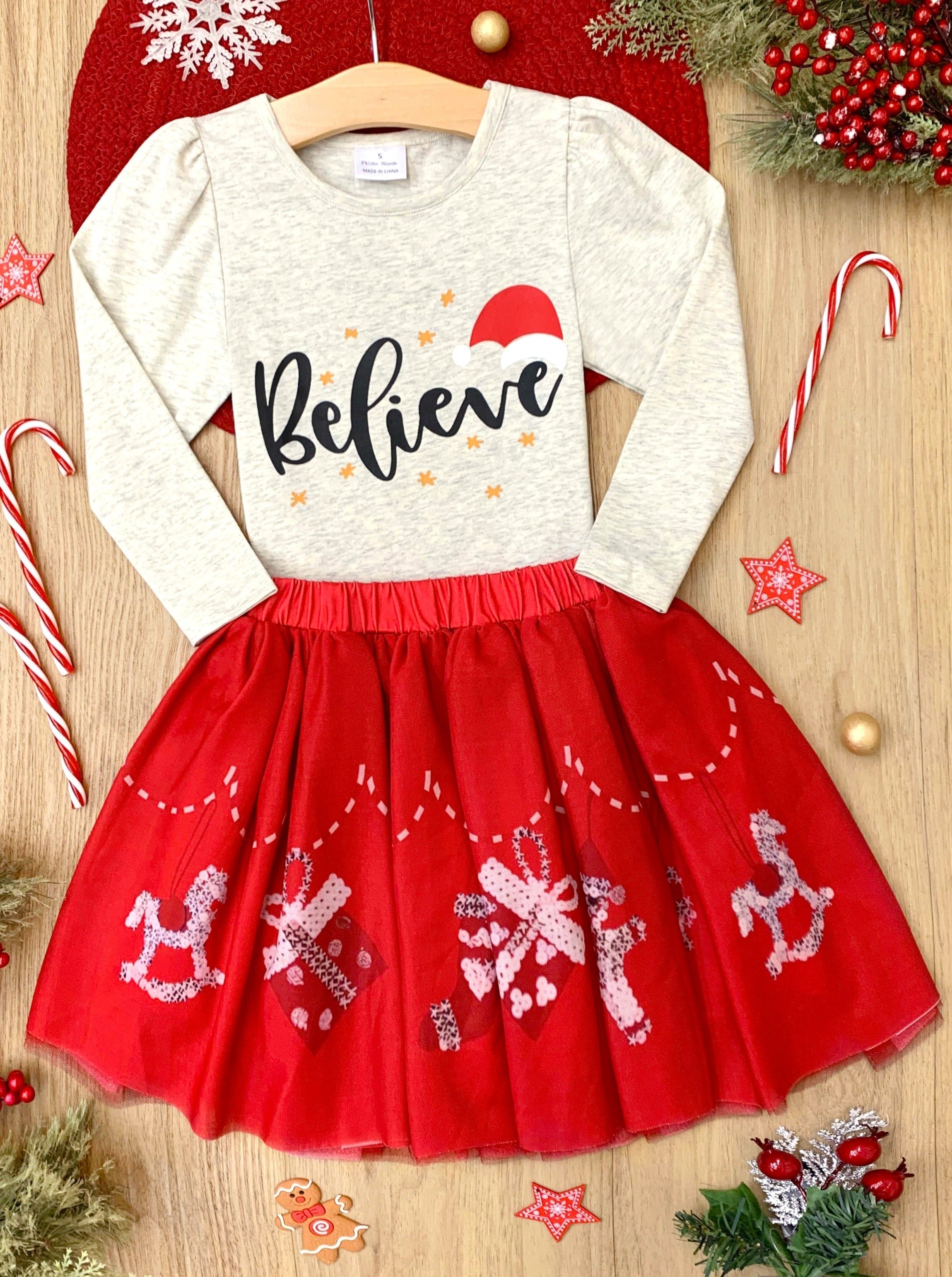 Celebrate Magic Ruffle Top And Christmas Print Skirt Set