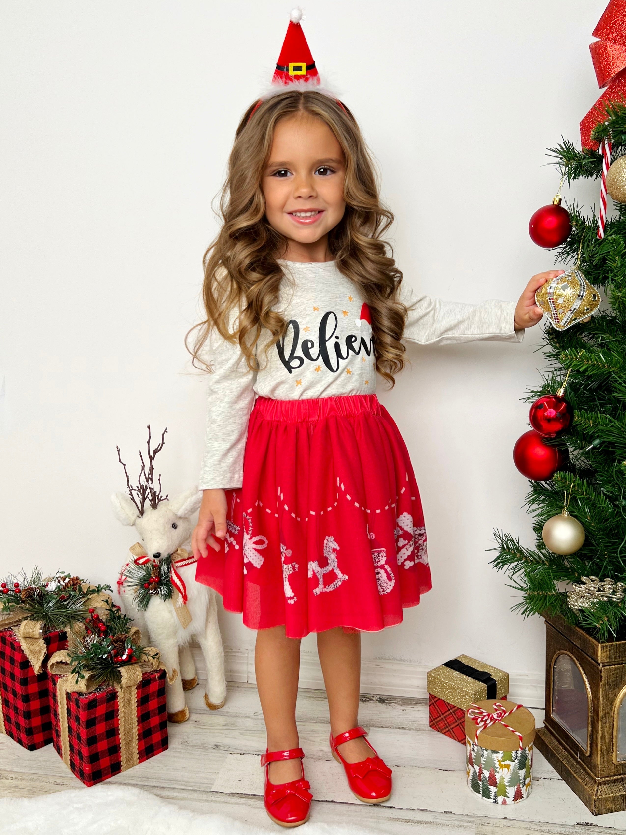 Celebrate Magic Ruffle Top And Christmas Print Skirt Set