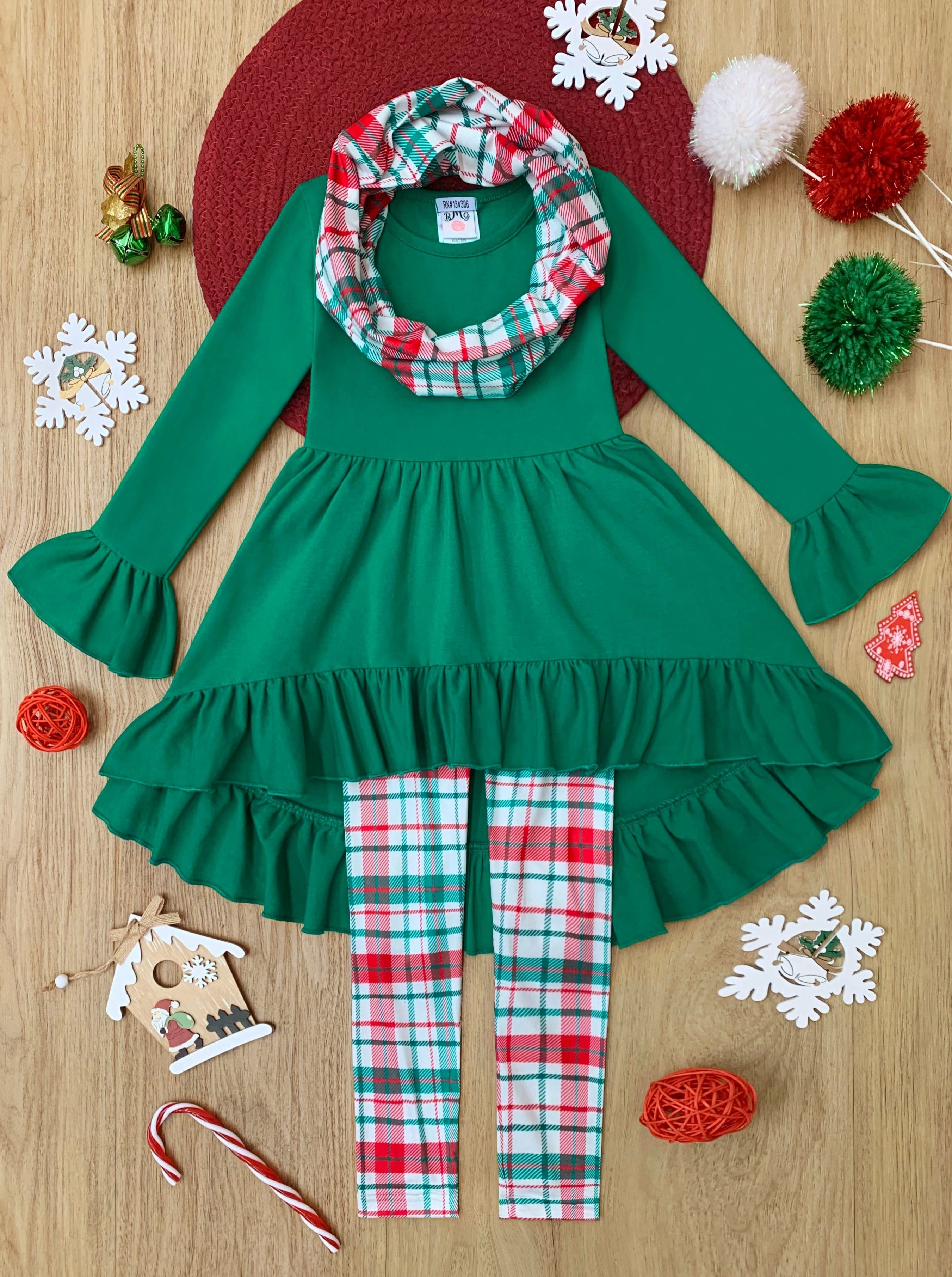 Santa-approved Style Tunic, Leggings, And Scarf Set