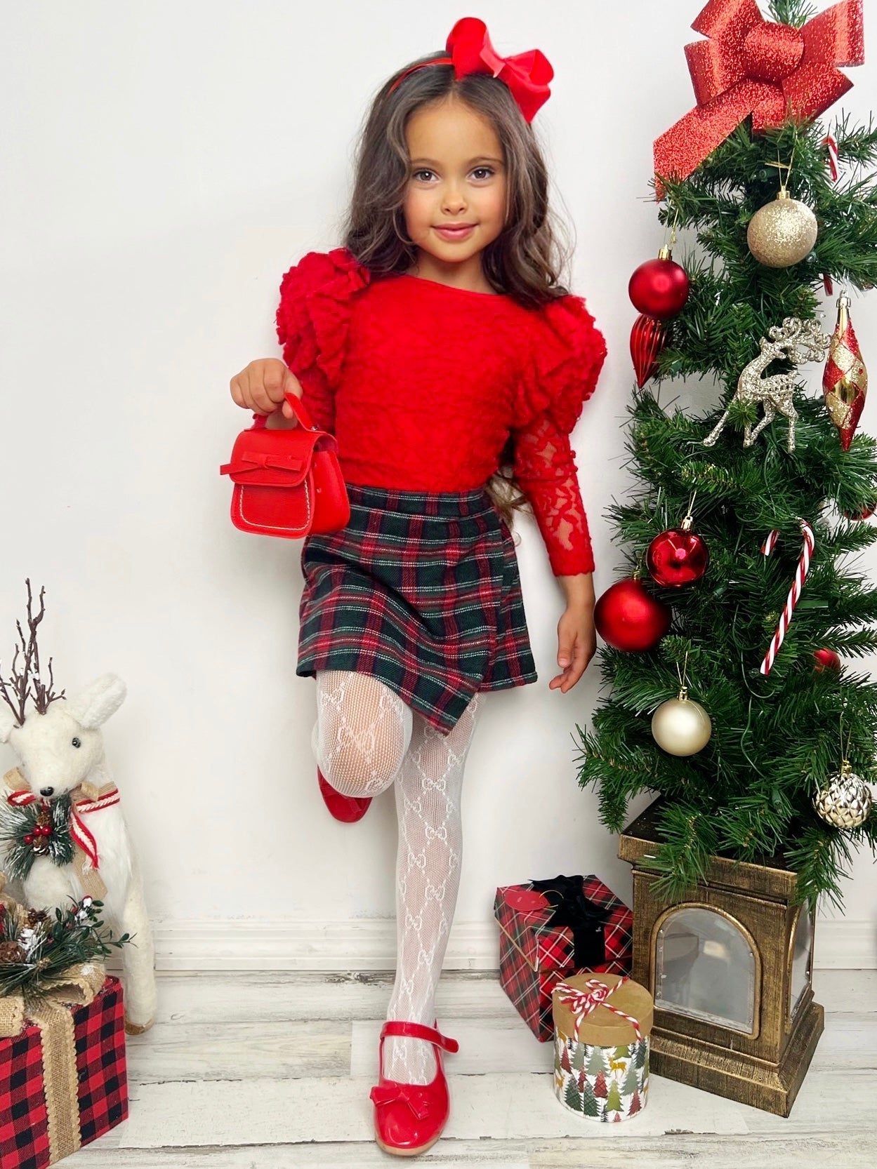 Rosy Daydream Rosette Sleeve Lace Top And Plaid Skort Set