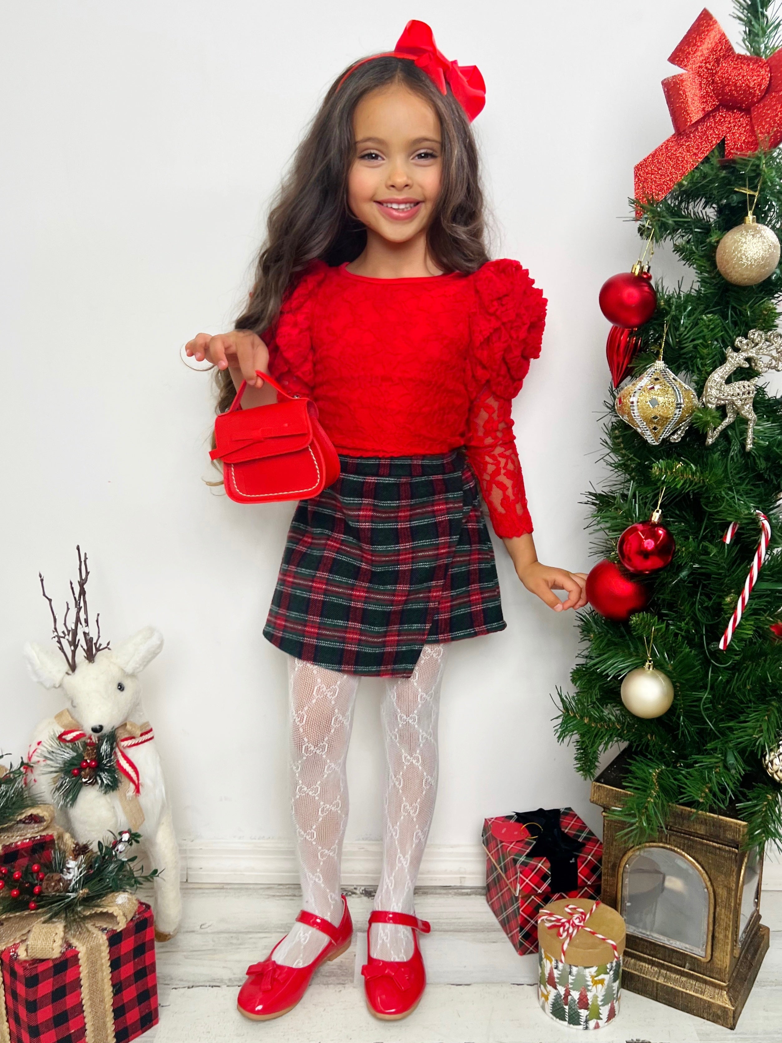 Rosy Daydream Rosette Sleeve Lace Top And Plaid Skort Set