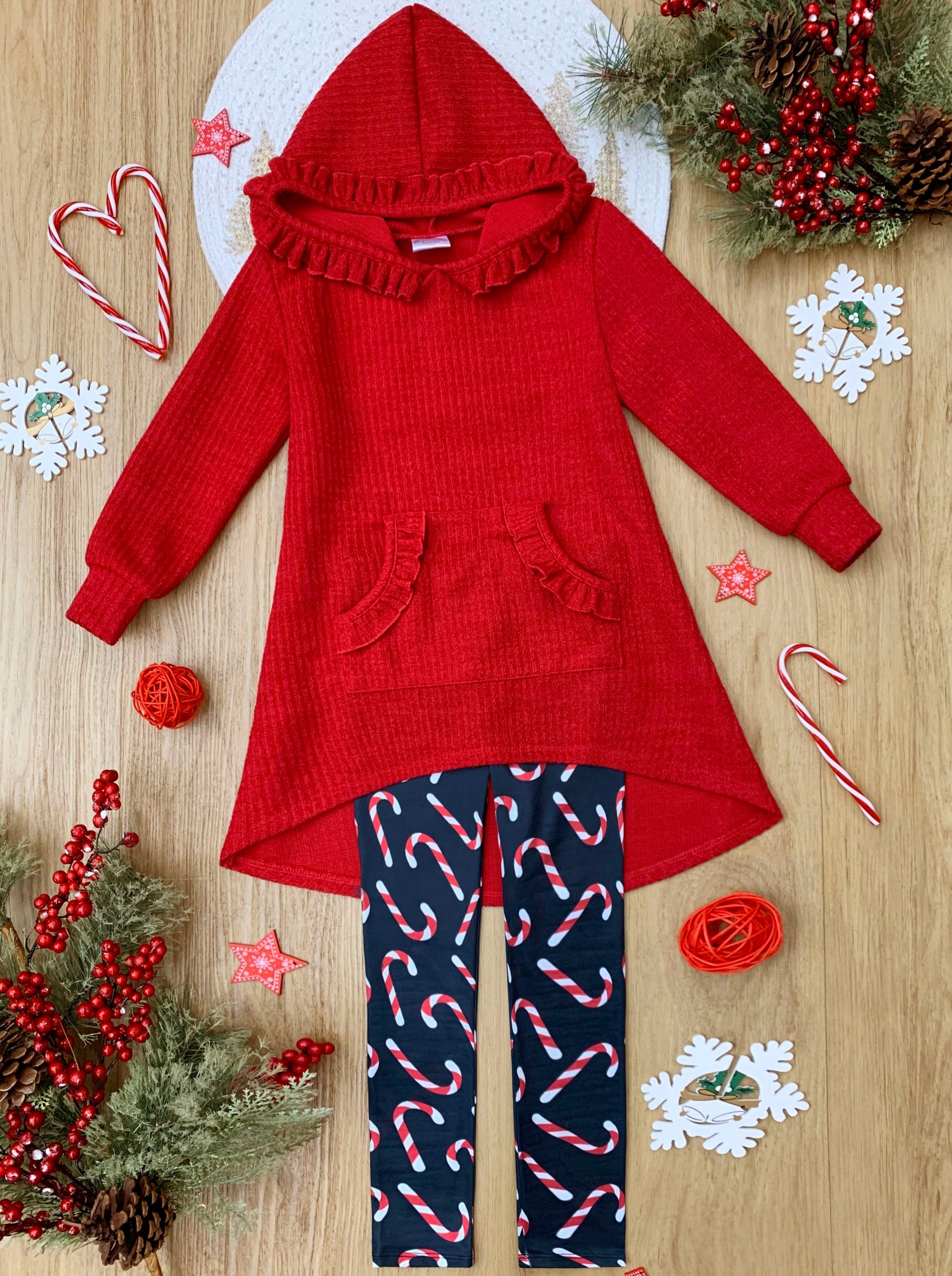 Totally Cool Red Pullover Hoodie And Candy Cane Legging Set