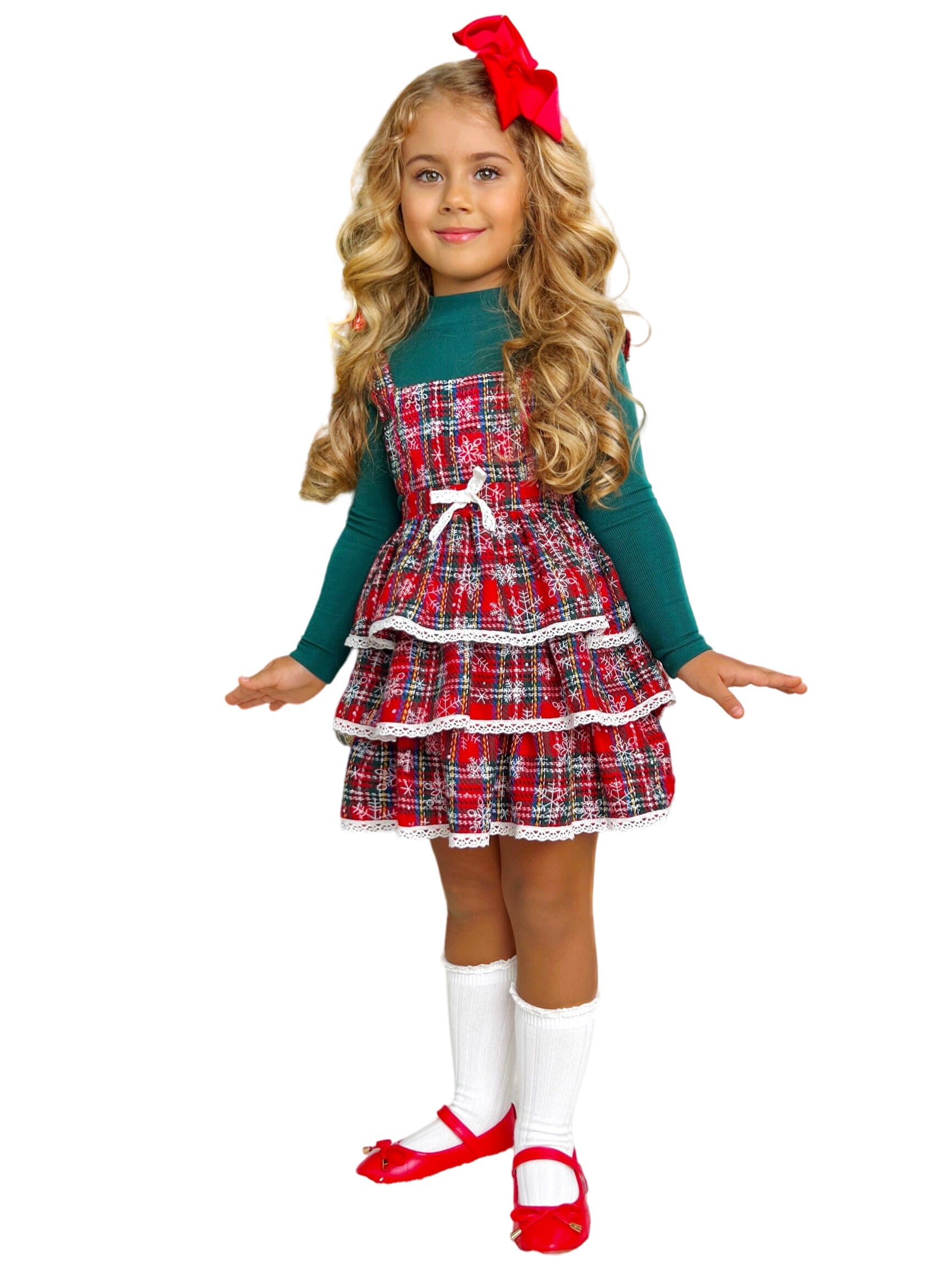 Jingle Belle Chic Turtleneck Top And Plaid Overall Dress