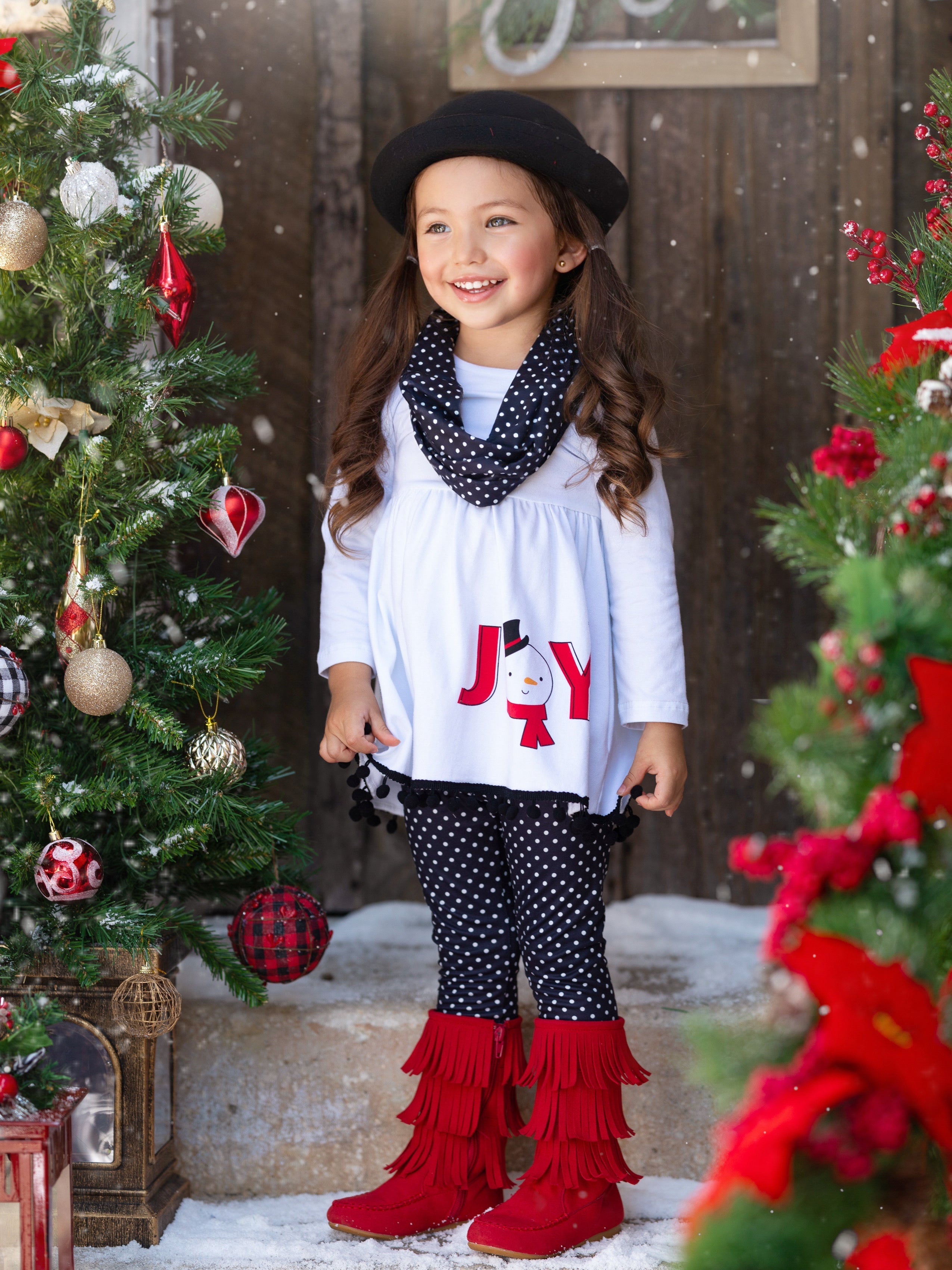 Joyful Days Tunic, Black Leggings, And Scarf Christmas Set