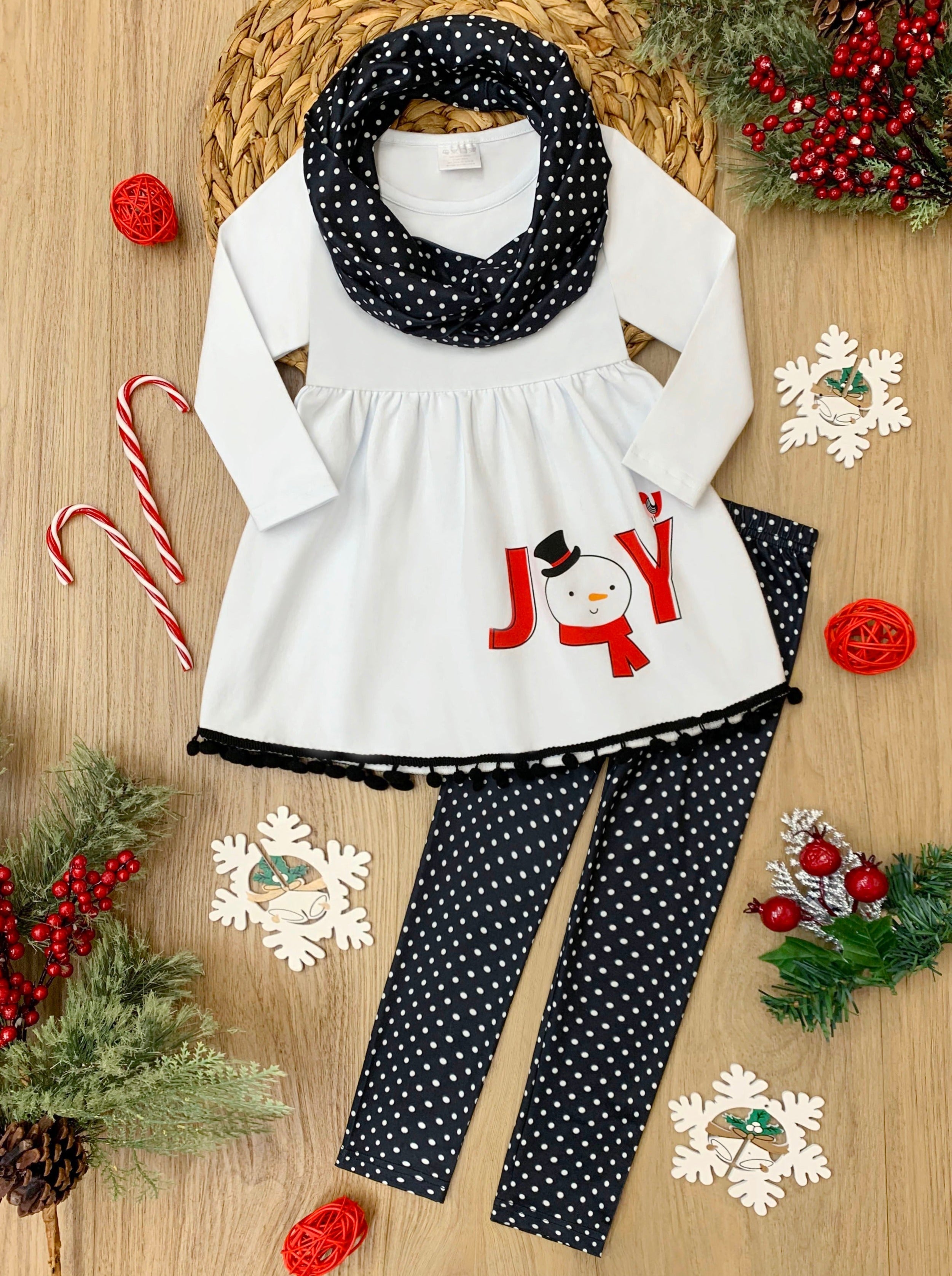 Joyful Days Tunic, Black Leggings, And Scarf Christmas Set