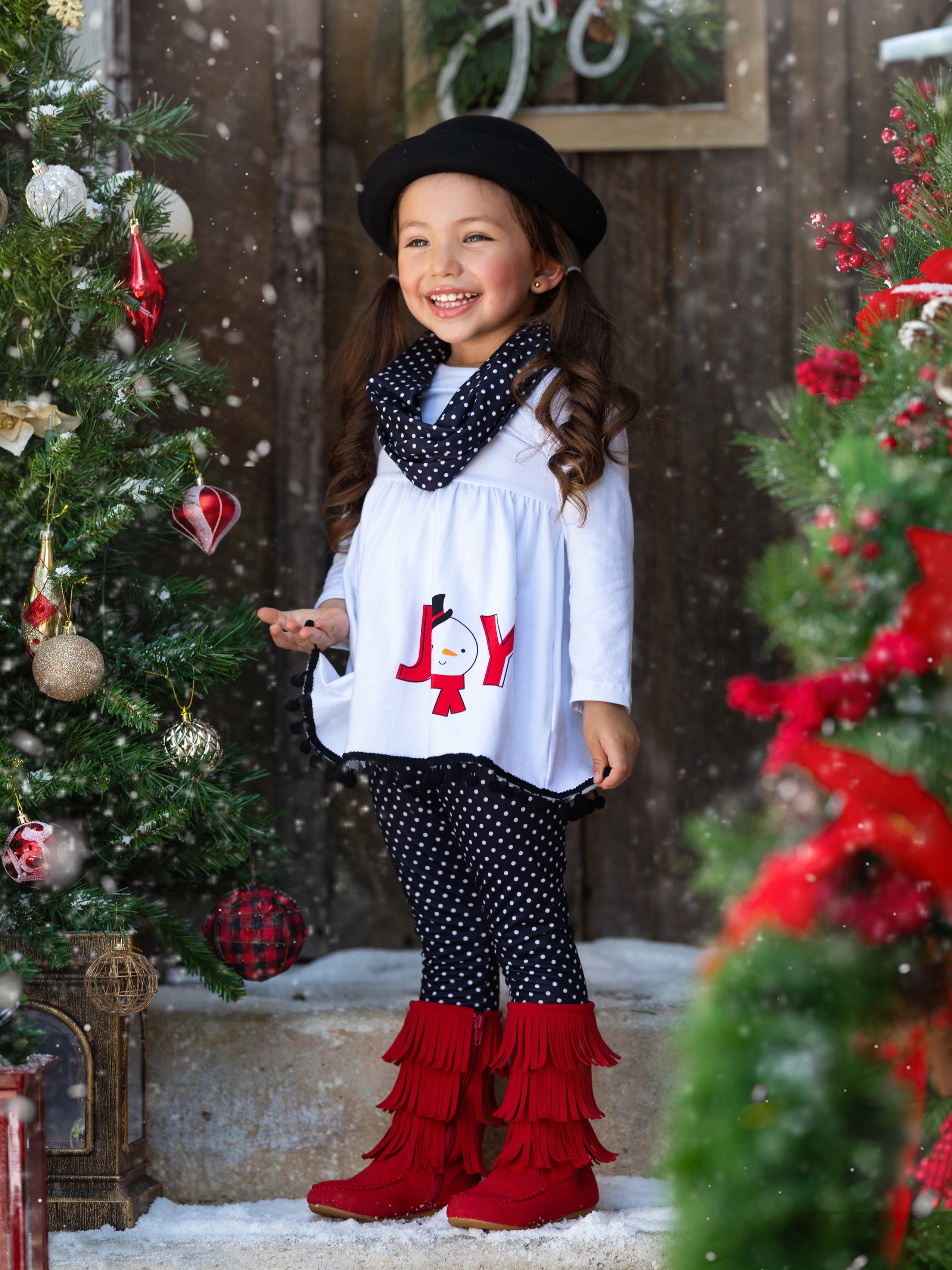 Joyful Days Tunic, Black Leggings, And Scarf Christmas Set