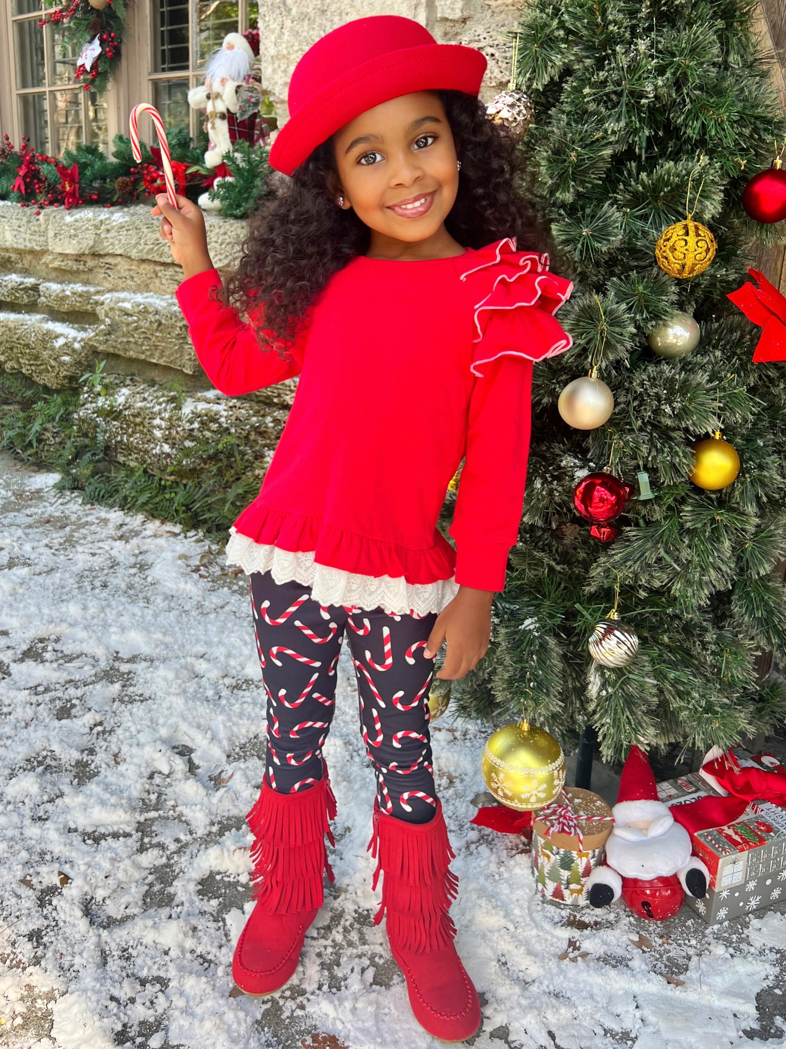 Sweet Statement Ruffle Sleeve Top And Candy Cane Legging Set