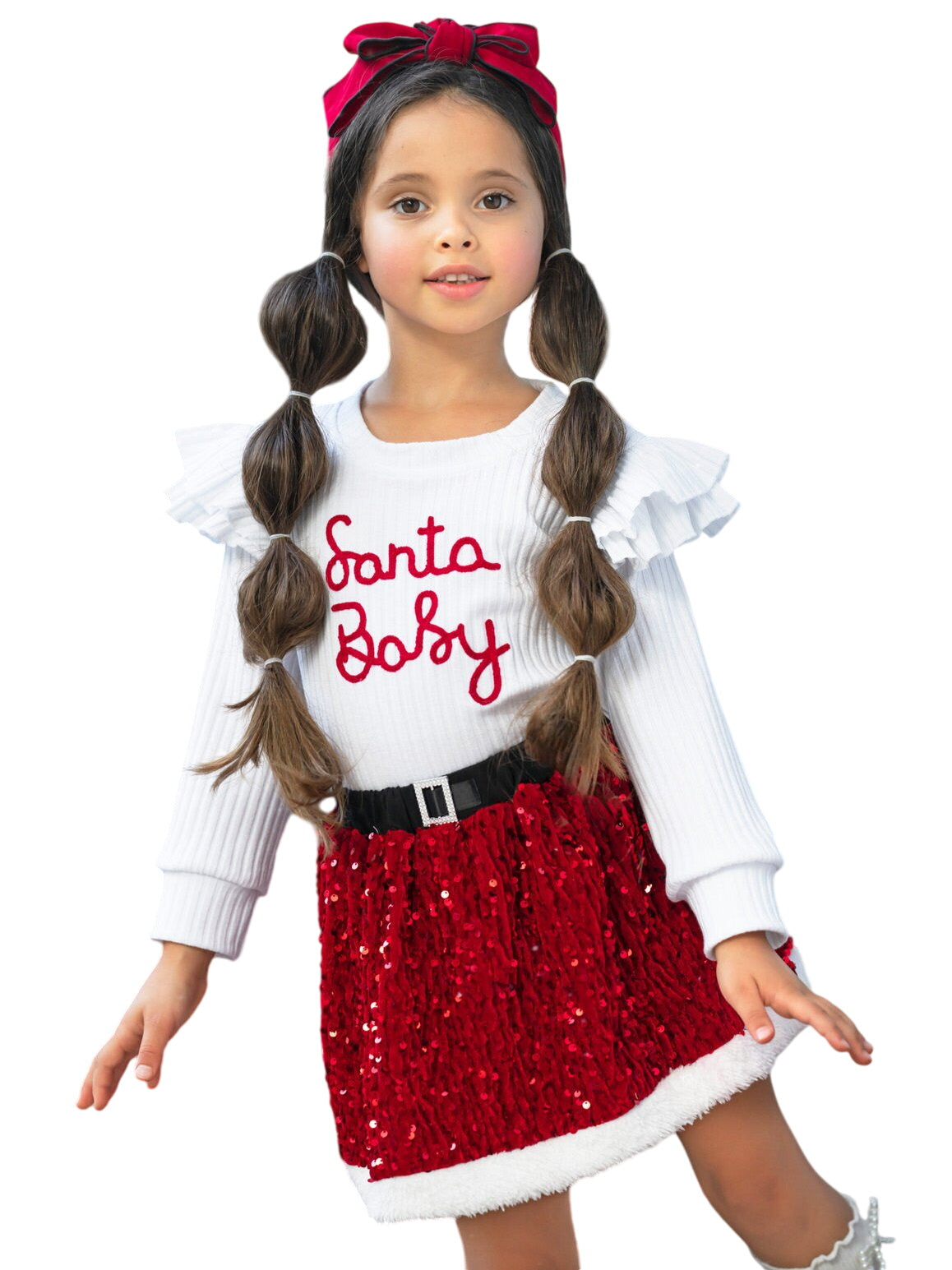 Santa Baby Ruffled Top And Sequin Skirt Set