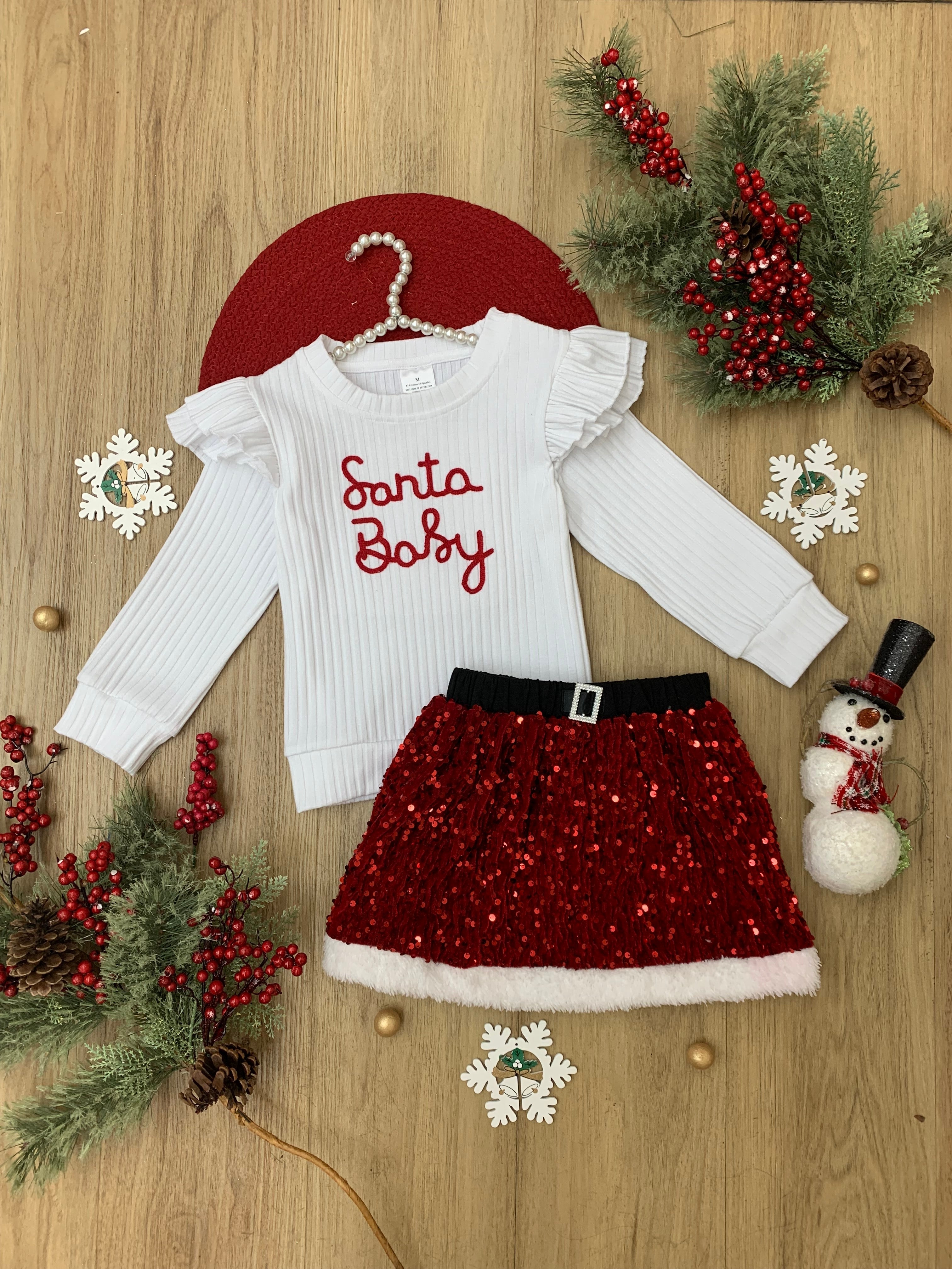 Santa Baby Ruffled Top And Sequin Skirt Set