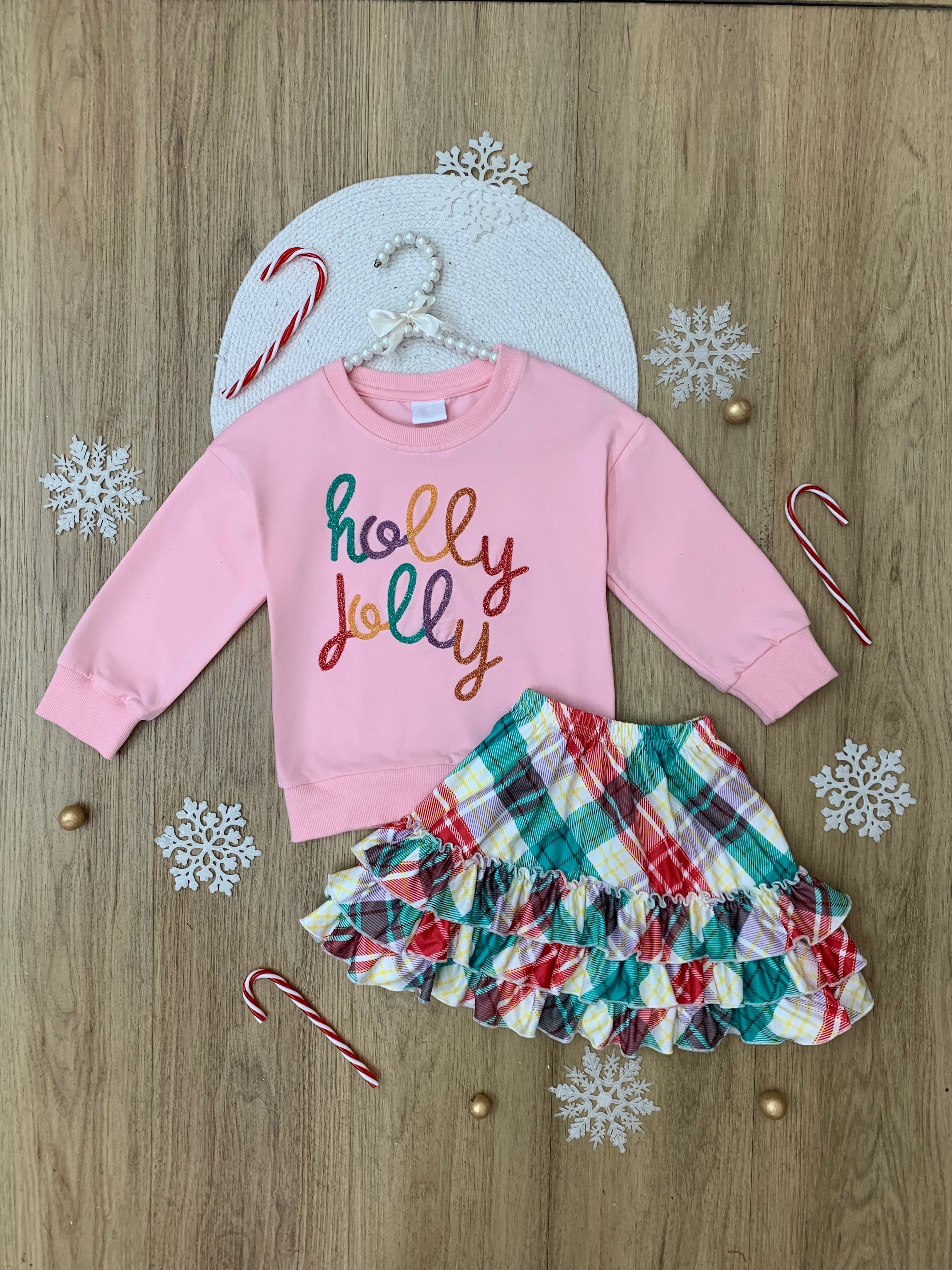 Holly Jolly Pink Top And Christmas Plaid Ruffle Skirt Set