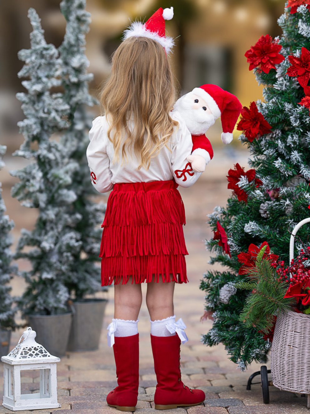 Fabulous Santa Long Sleeve Top And Red Fringe Skirt Set