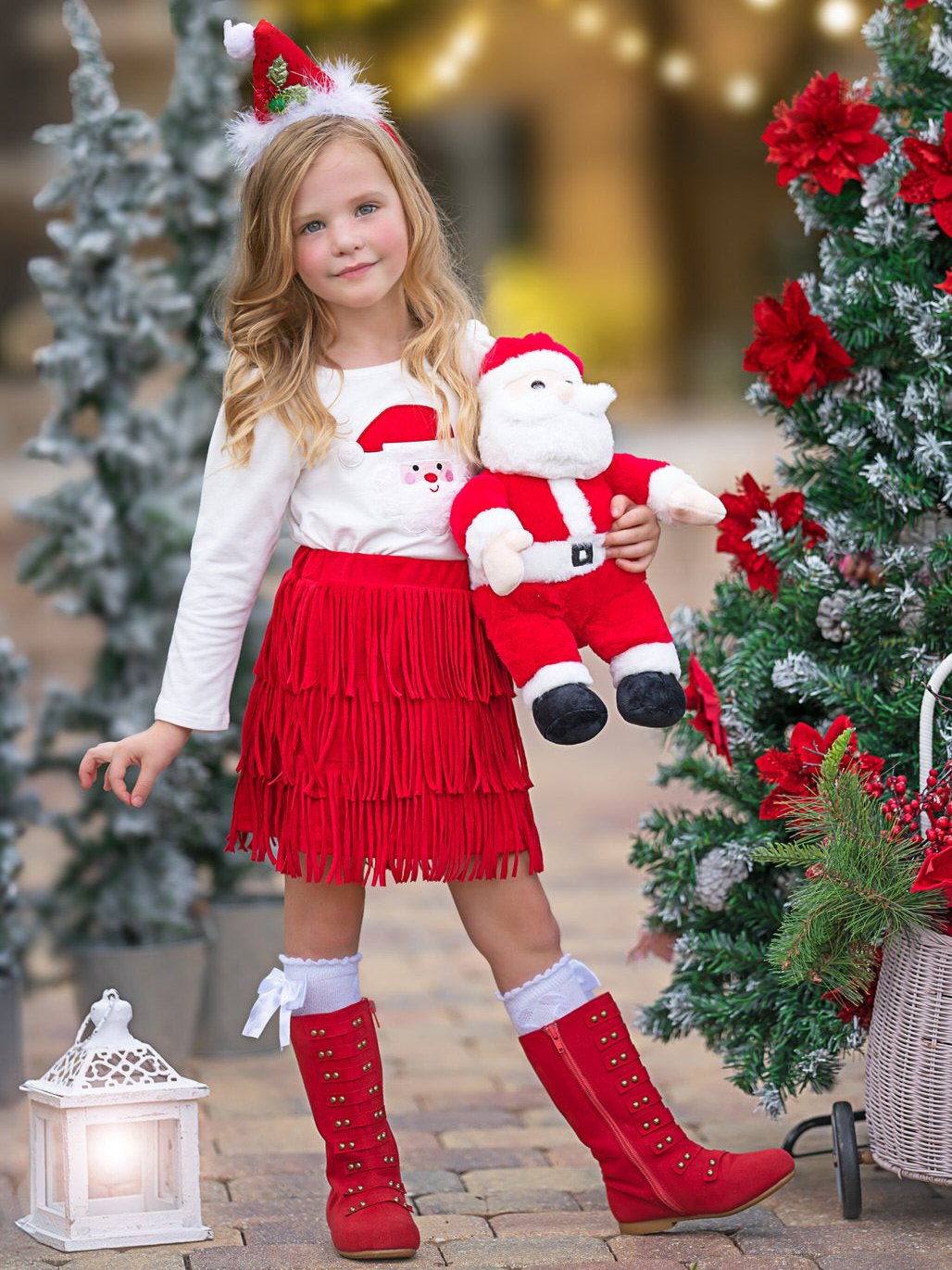 Fabulous Santa Long Sleeve Top And Red Fringe Skirt Set