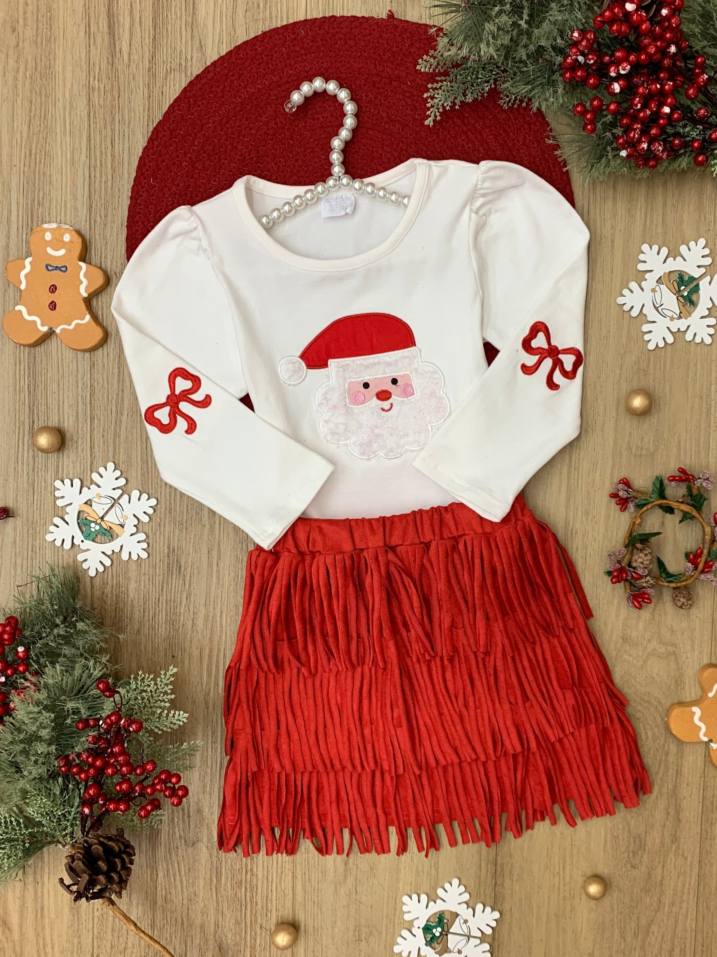 Fabulous Santa Long Sleeve Top And Red Fringe Skirt Set