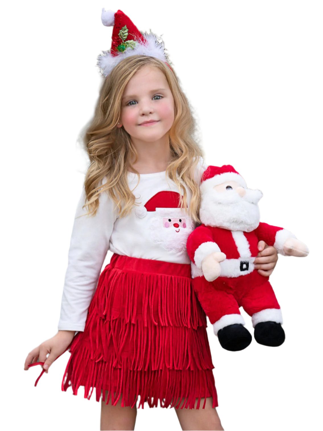 Fabulous Santa Long Sleeve Top And Red Fringe Skirt Set