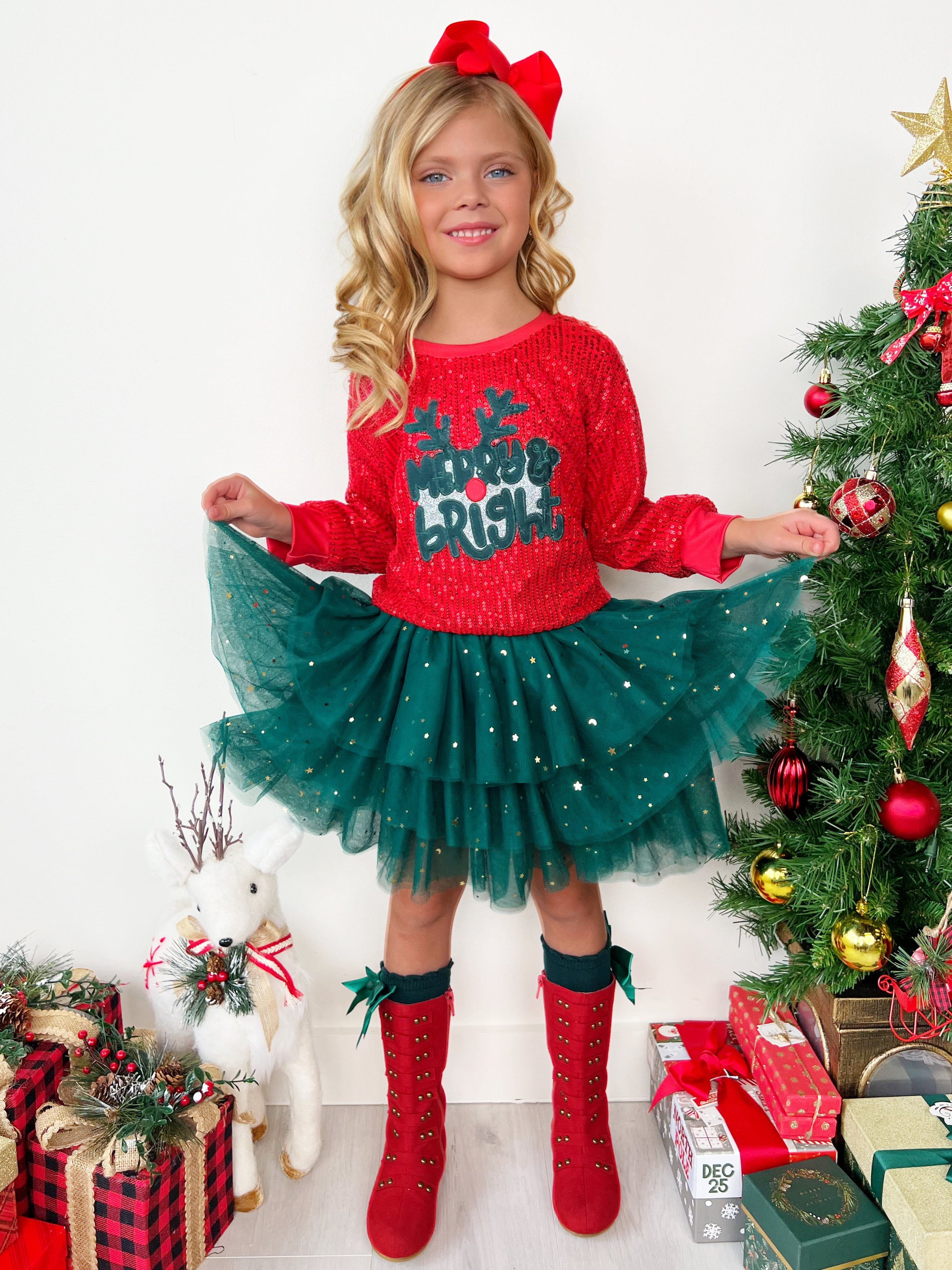 Merry & Bright Reindeer Top And Sequin Skirt Set