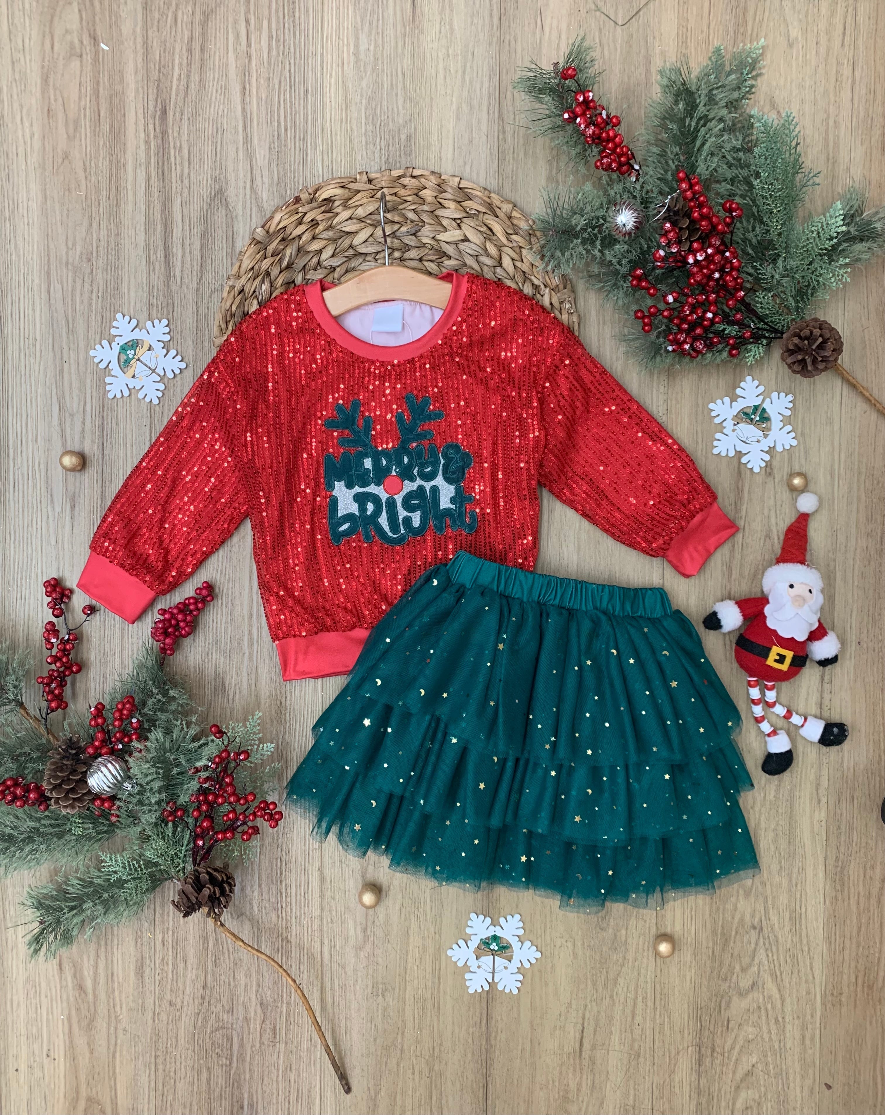 Merry & Bright Reindeer Top And Sequin Skirt Set