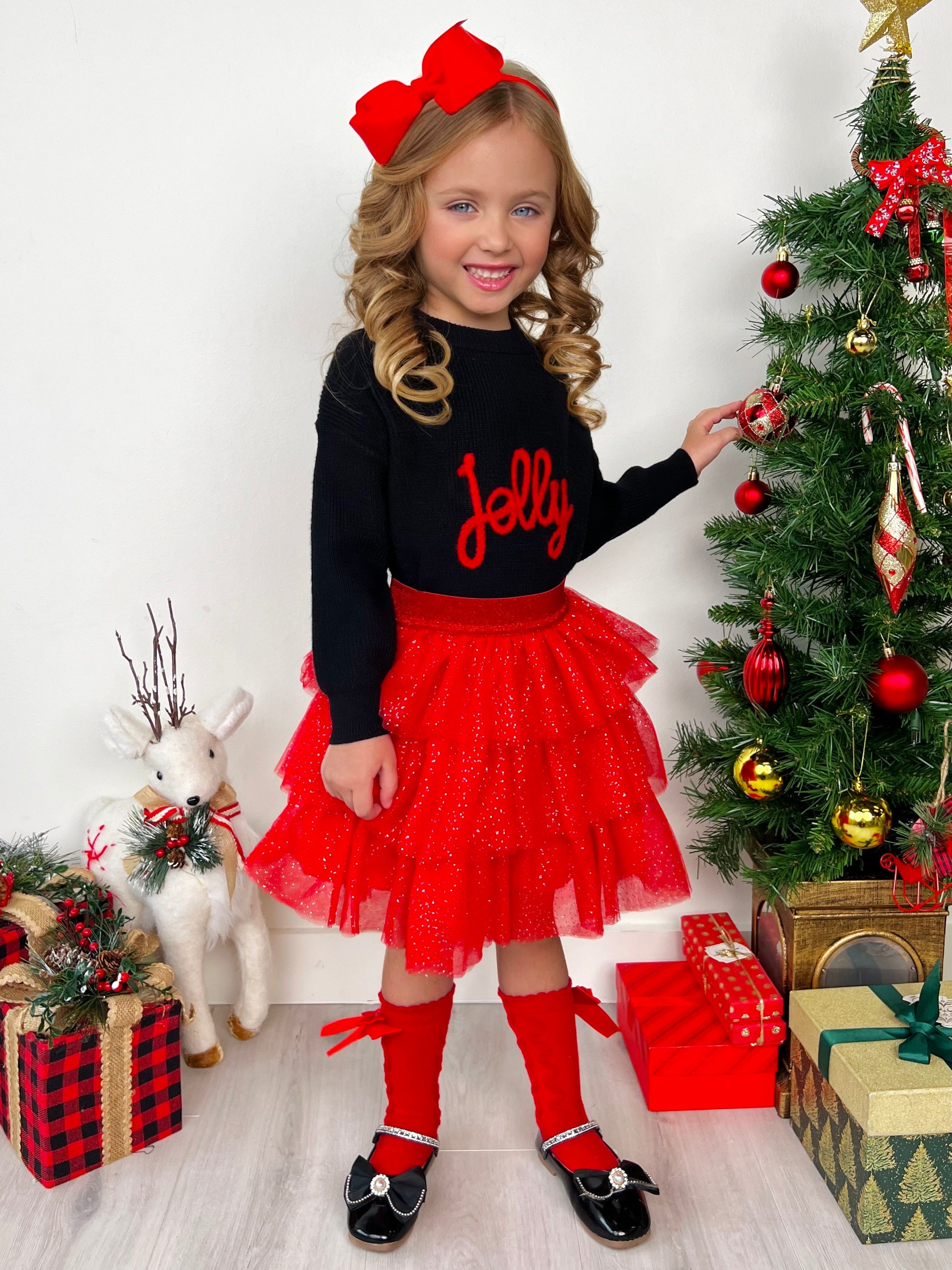 Jolly Embroidered Sweater And Glitter Tutu Skirt Set