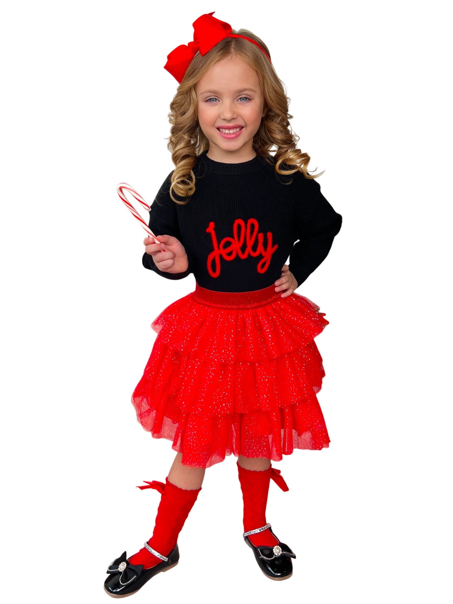 Jolly Embroidered Sweater And Glitter Tutu Skirt Set