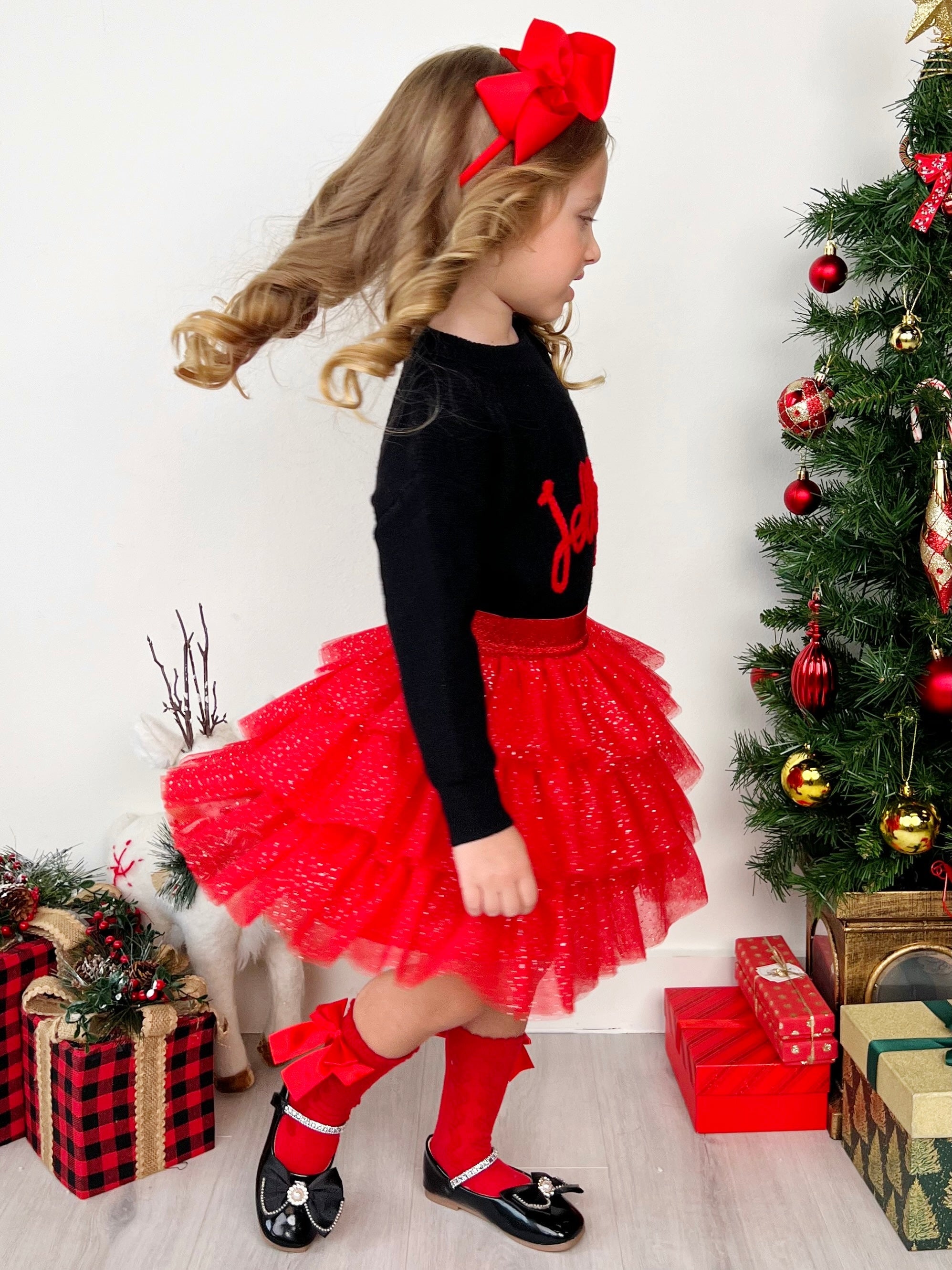 Jolly Embroidered Sweater And Glitter Tutu Skirt Set