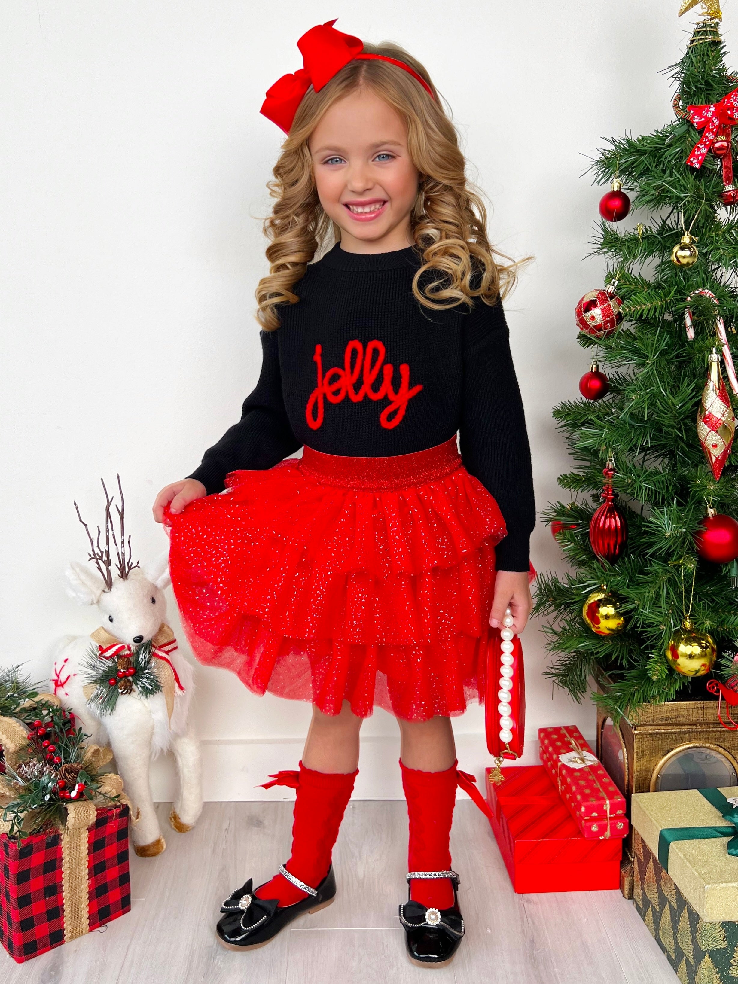 Jolly Embroidered Sweater And Glitter Tutu Skirt Set