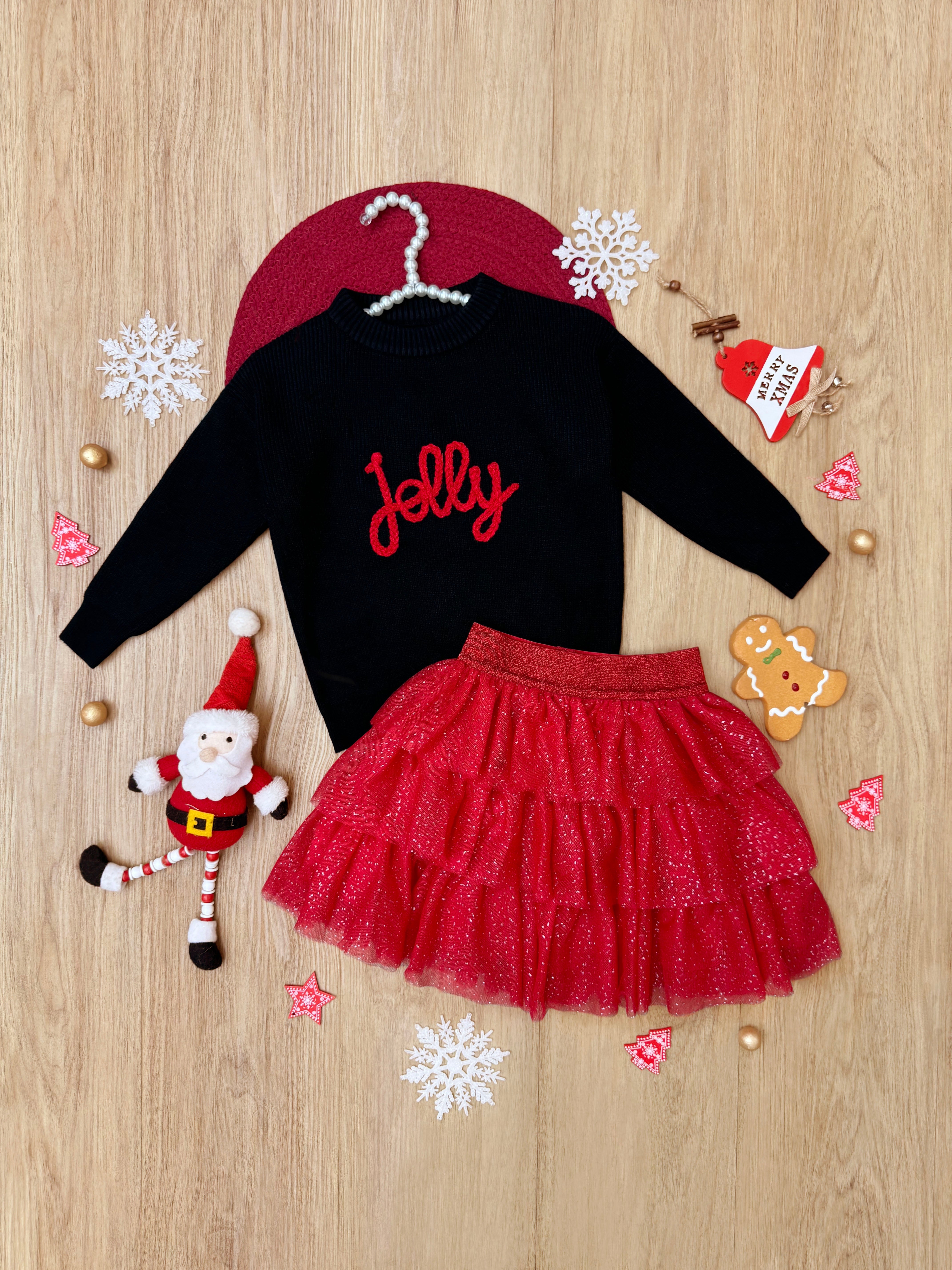 Jolly Embroidered Sweater And Glitter Tutu Skirt Set