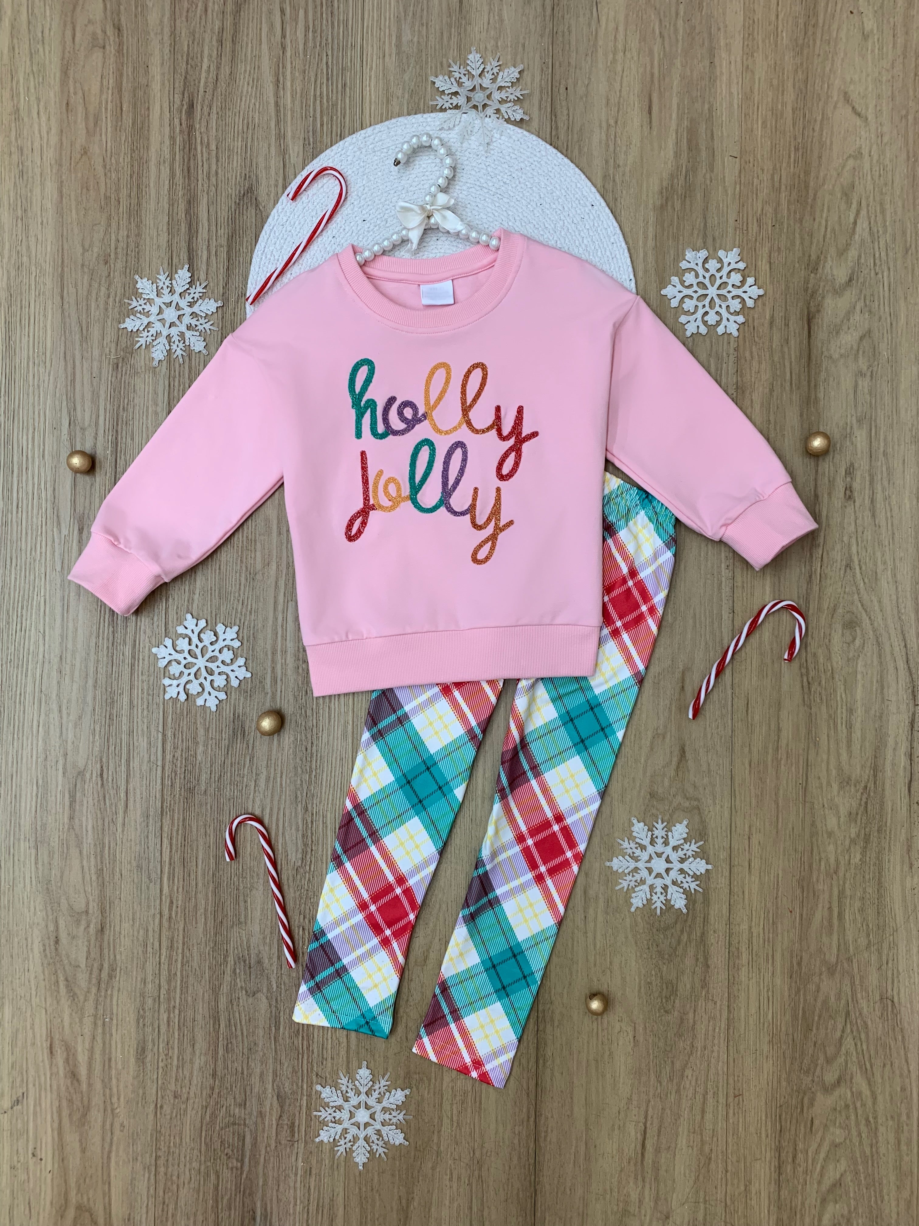 Holly Jolly Pink Top And Christmas Plaid Legging Set