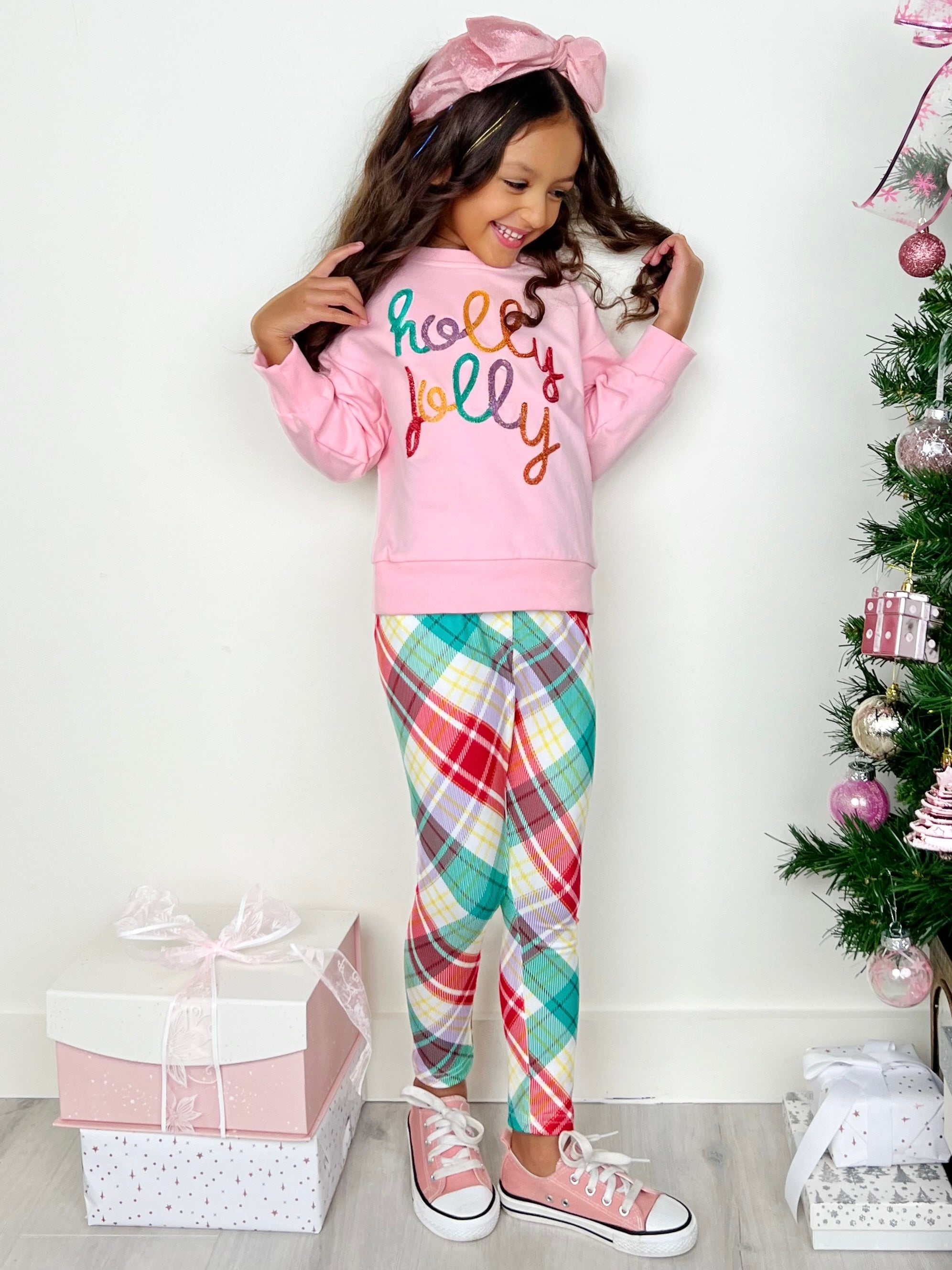 Holly Jolly Pink Top And Christmas Plaid Legging Set