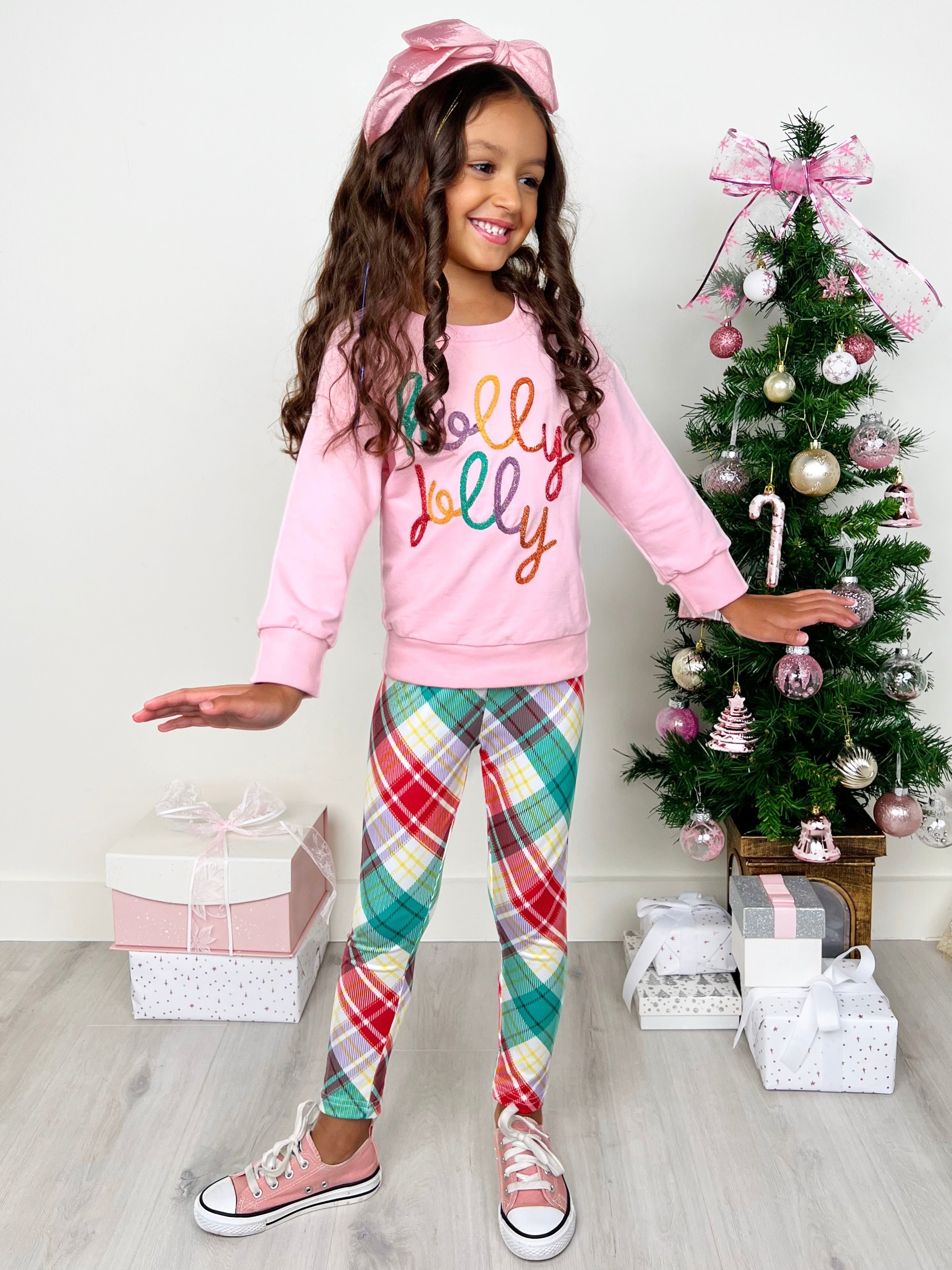 Holly Jolly Pink Top And Christmas Plaid Legging Set