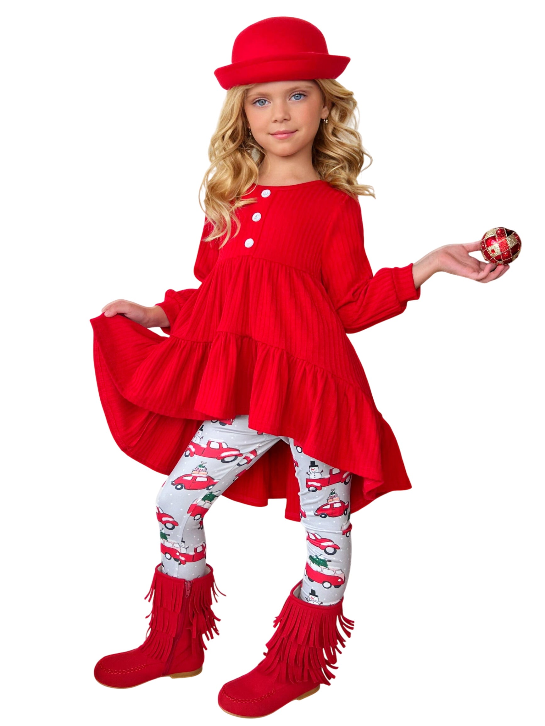 Red Ruffle Tunic And Christmas Leggings Set