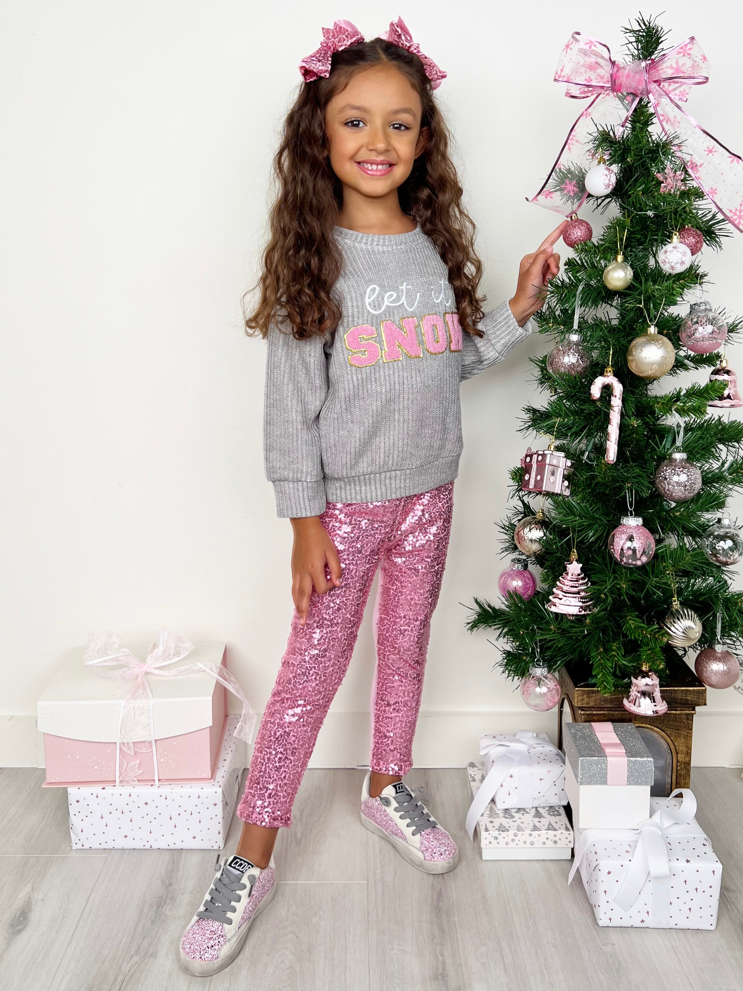 Let It Snow Sweater And Pink Dazzling Sequin Legging Set