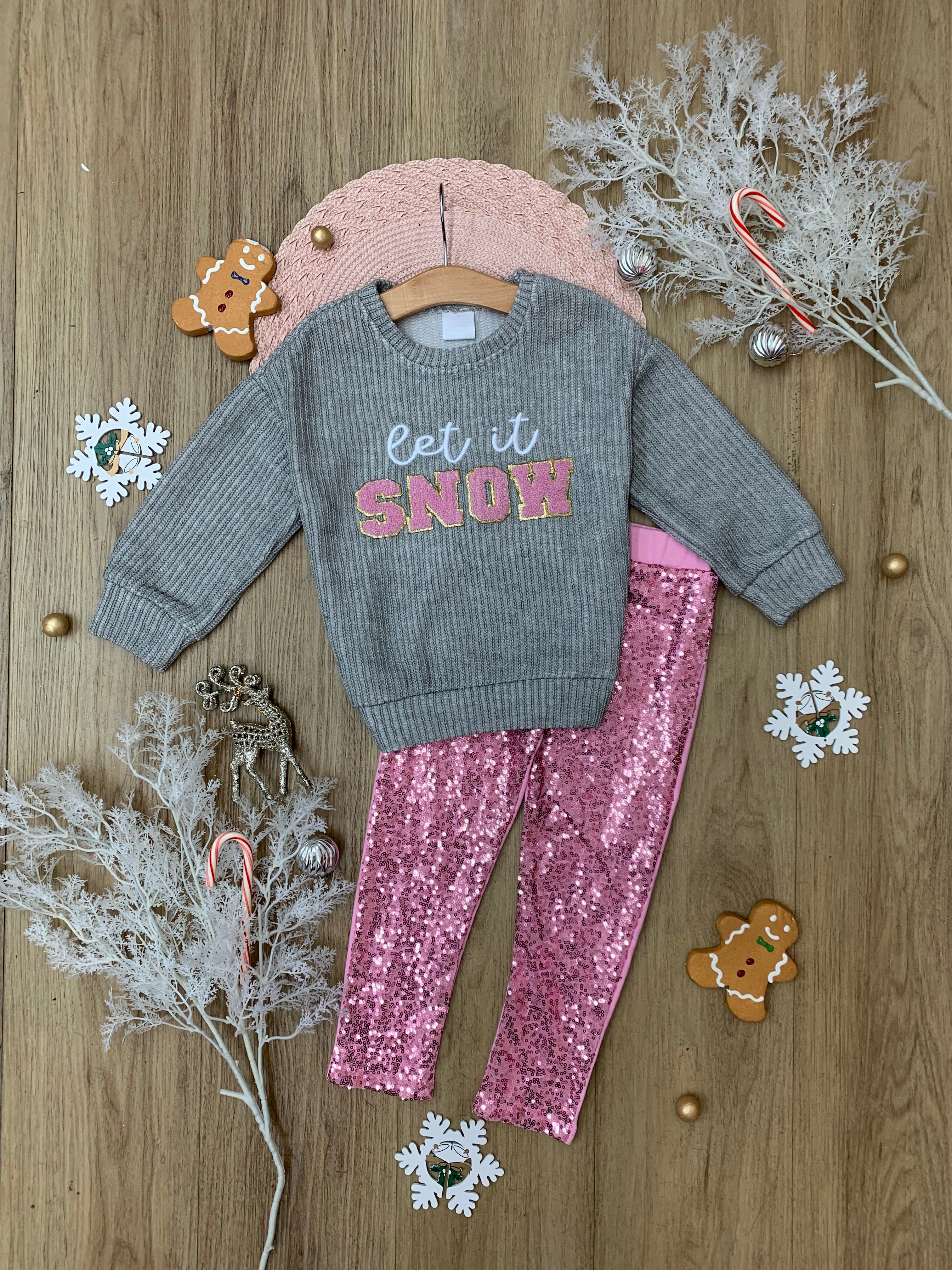 Let It Snow Sweater And Pink Dazzling Sequin Legging Set