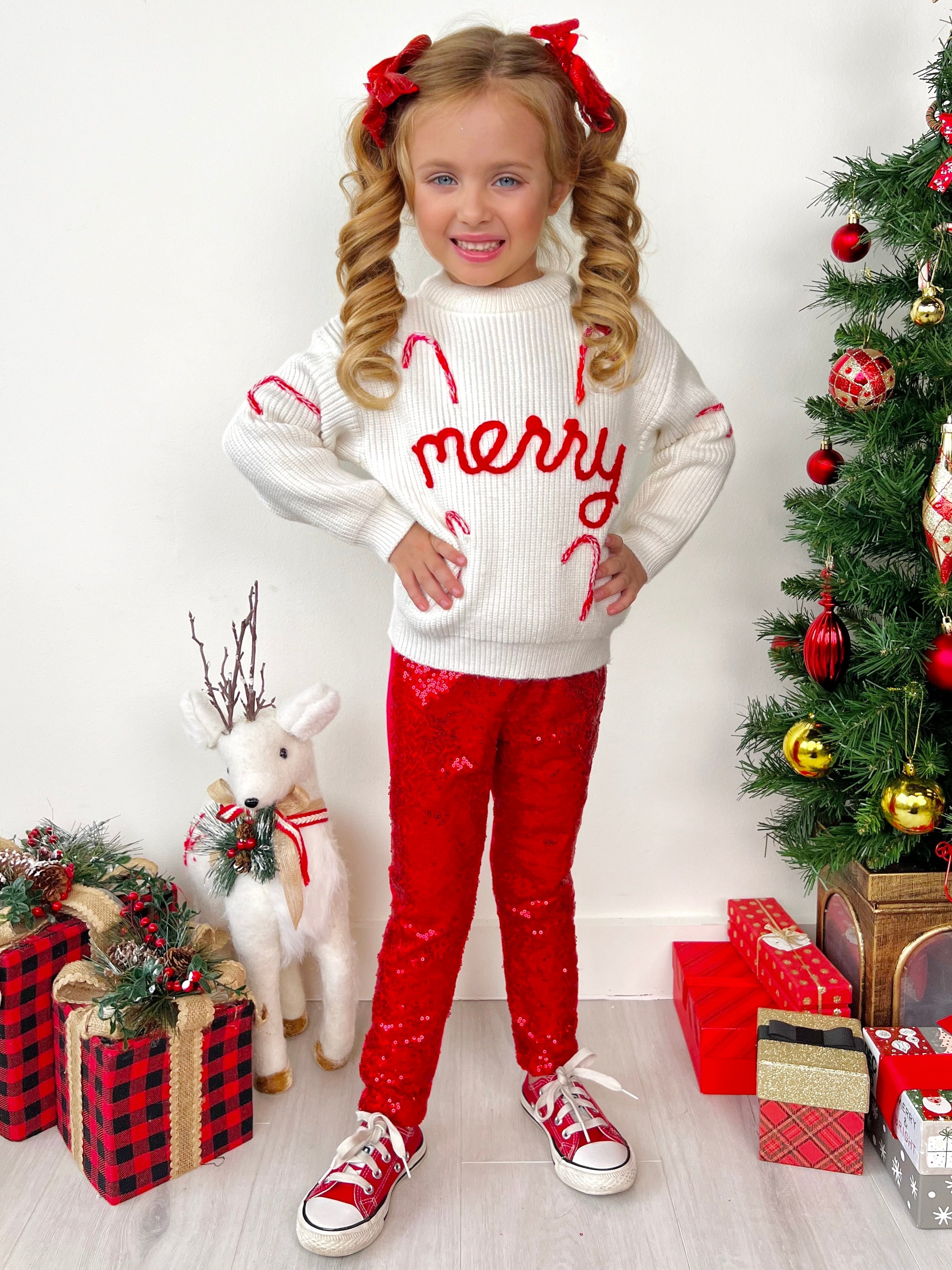 Merry Knit Sweater And Red Dazzling Sequin Pant Set