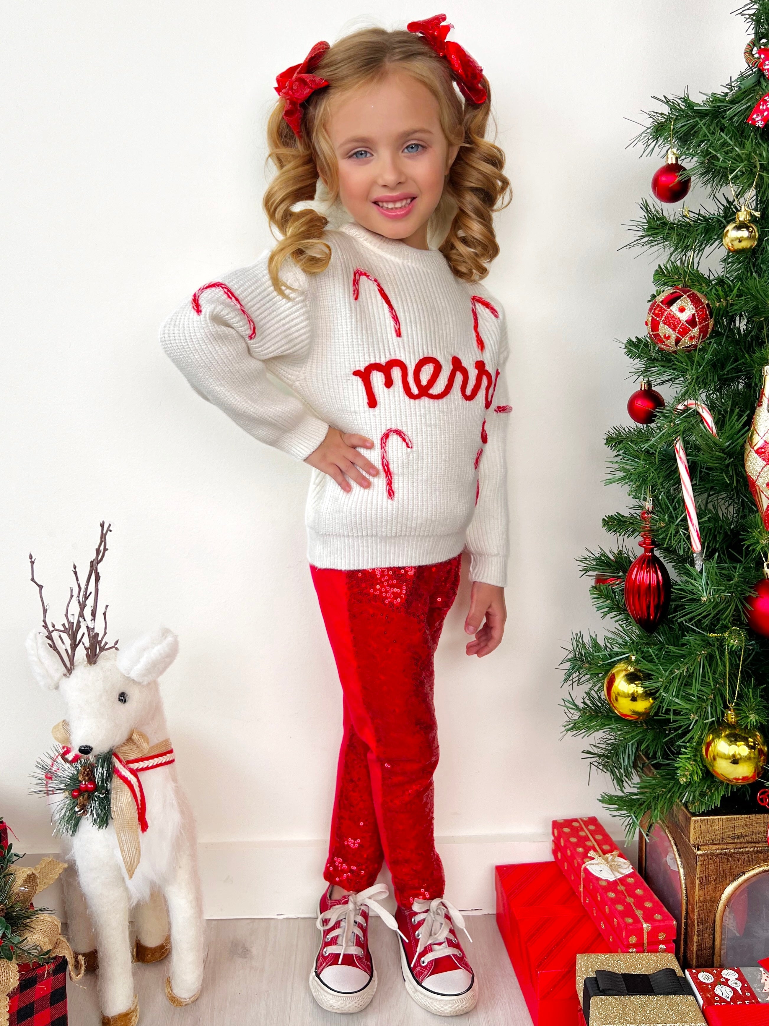 Merry Knit Sweater And Red Dazzling Sequin Pant Set