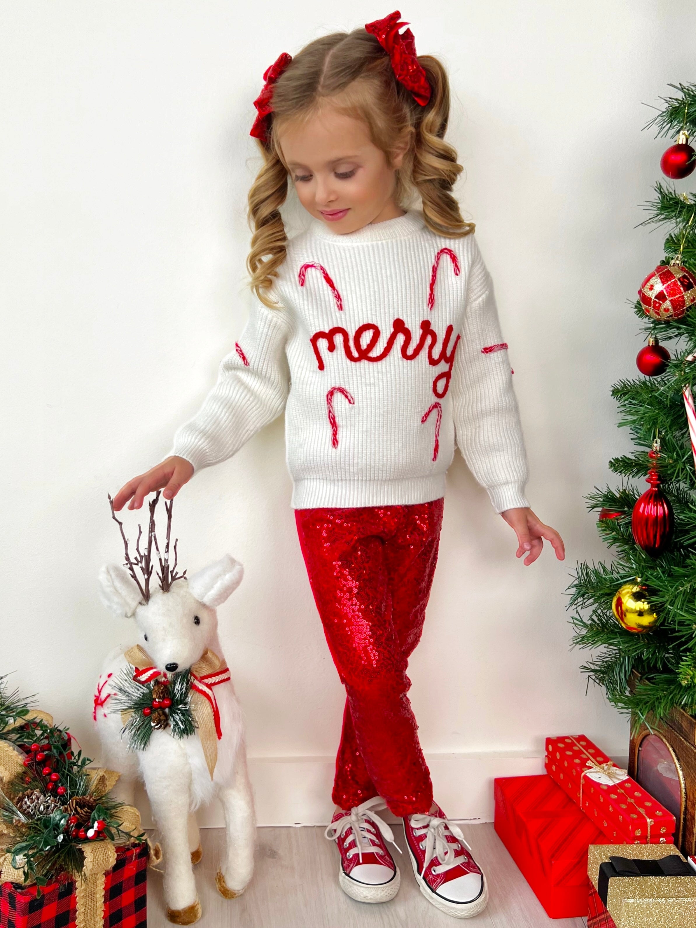 Merry Knit Sweater And Red Dazzling Sequin Pant Set