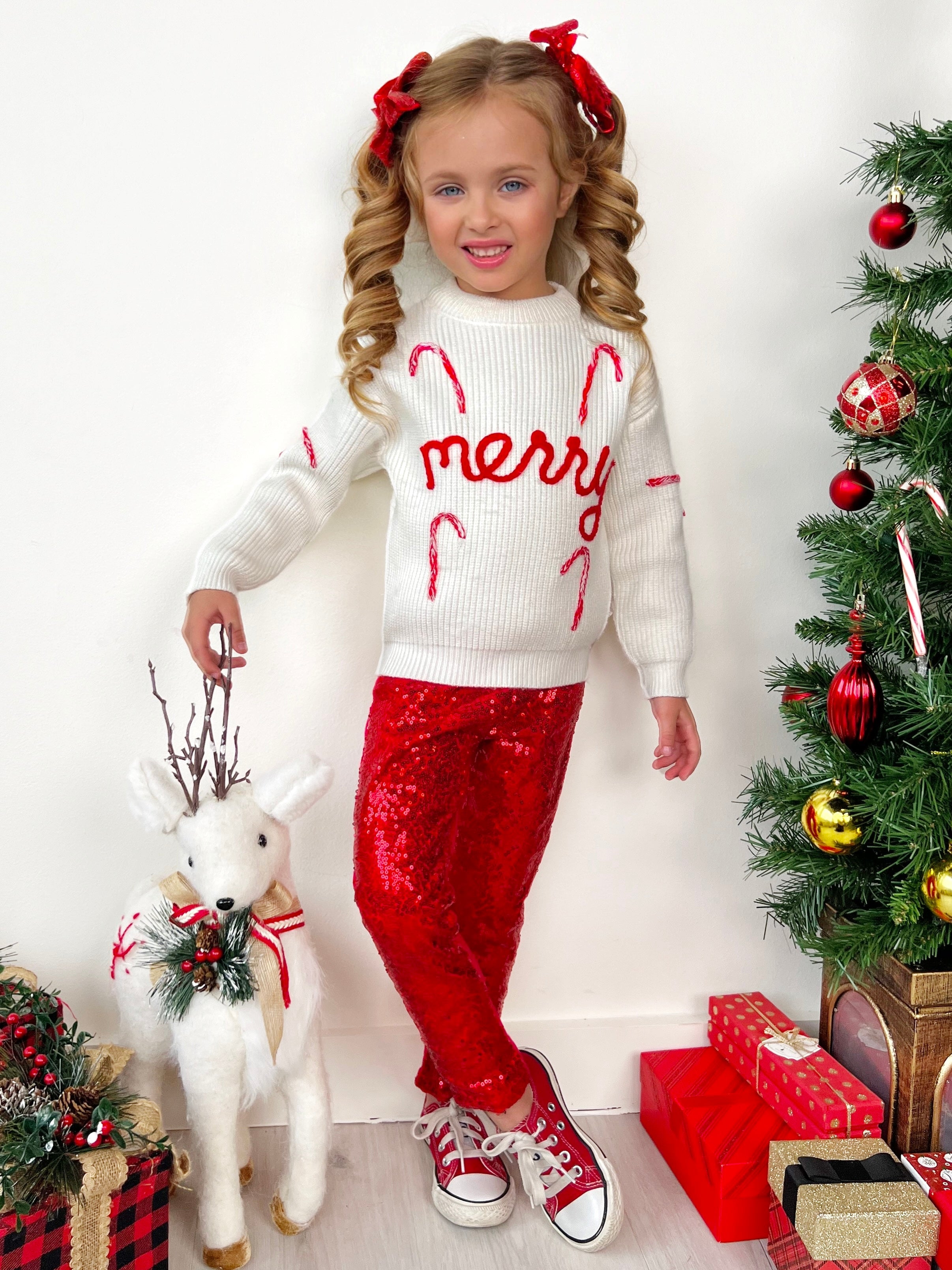 Merry Knit Sweater And Red Dazzling Sequin Pant Set